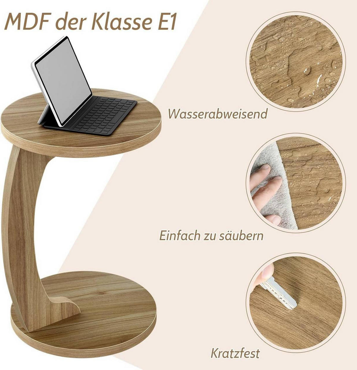 BEISTELLTISCH C-Form, φ38xH55 cm, Helle Eiche - Eichefarben, Holzwerkstoff (38/38/55cm) - Woltu