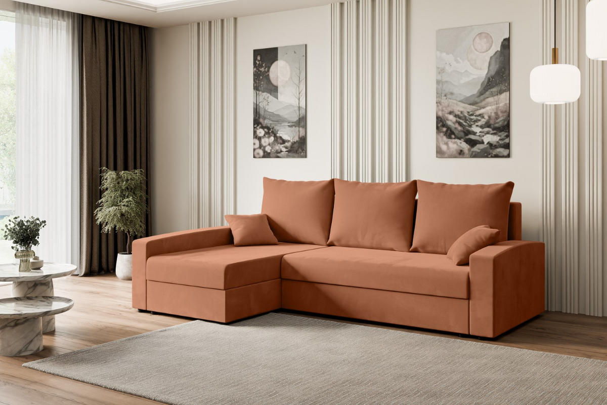ECKSOFA mit Schlaffunktion und Bettkasten ALESIA-L 231x140x90 cm Koralle Velours - Koralle/Silberfarben, Holzwerkstoff/Kunststoff (231/140cm) - ALTDECOR