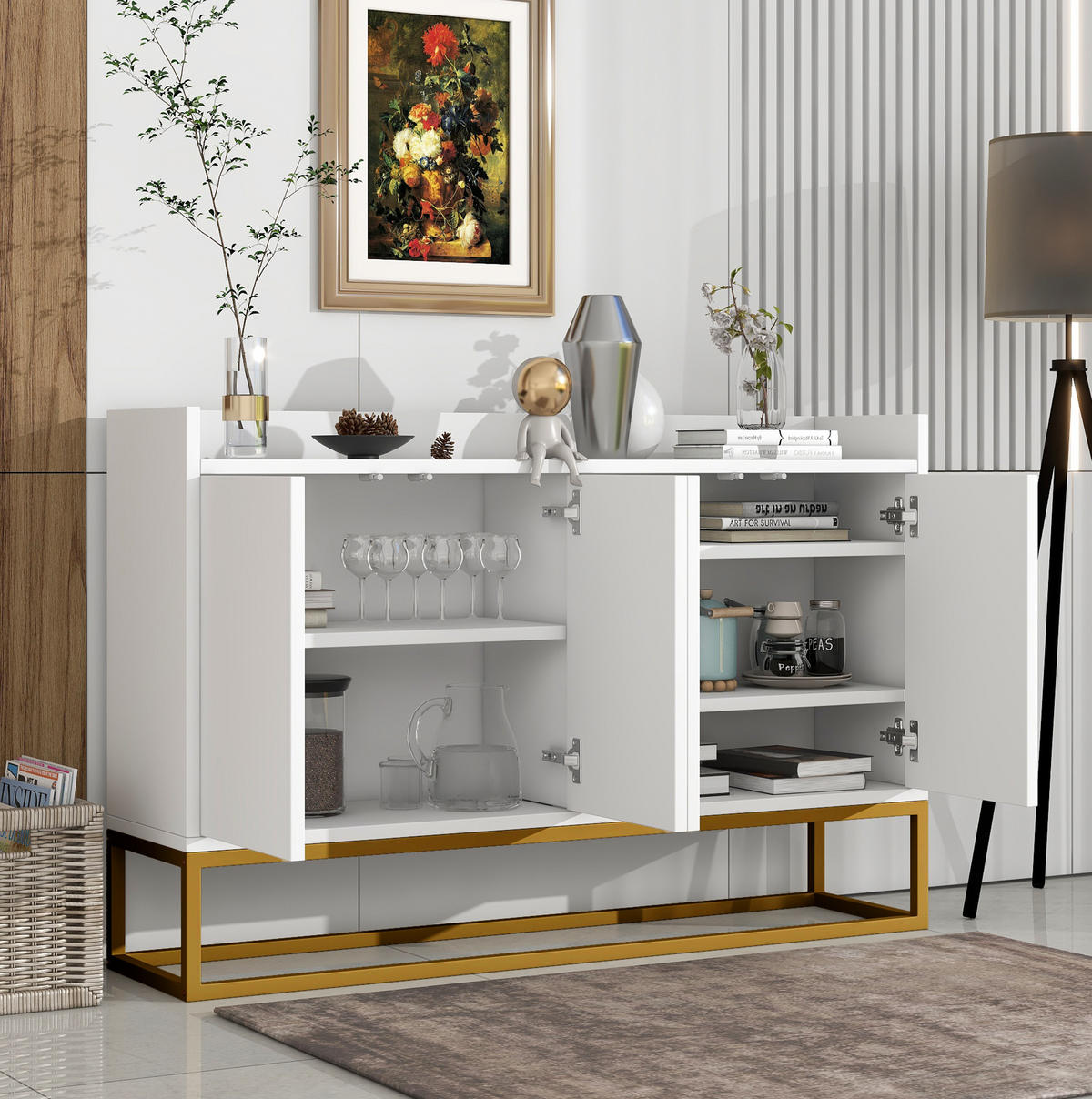 SIDEBOARD aus Spanplatte 120x30x80 cm Weiß mit 4 Türen, verstellbaren Einlegeböden und Push-to-open - Weiß, Holzwerkstoff (120/80/30cm) - Modfu