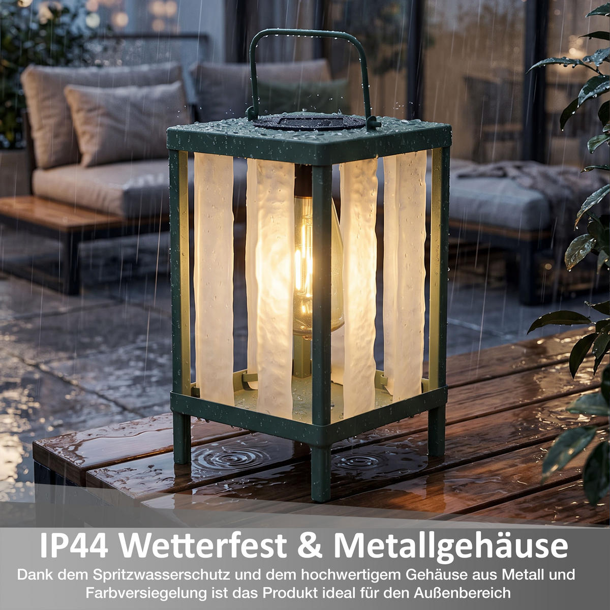 SOLAR-GARTENLEUCHTE LED-Tischleuchte wetterfest mit-Dämmerungssensor warmweiß Metall Echtglas Laterne für Balkon Terrasse Garten mit-Aufhängung - Grün, Metall (15/15/32cm) - Elblight.de