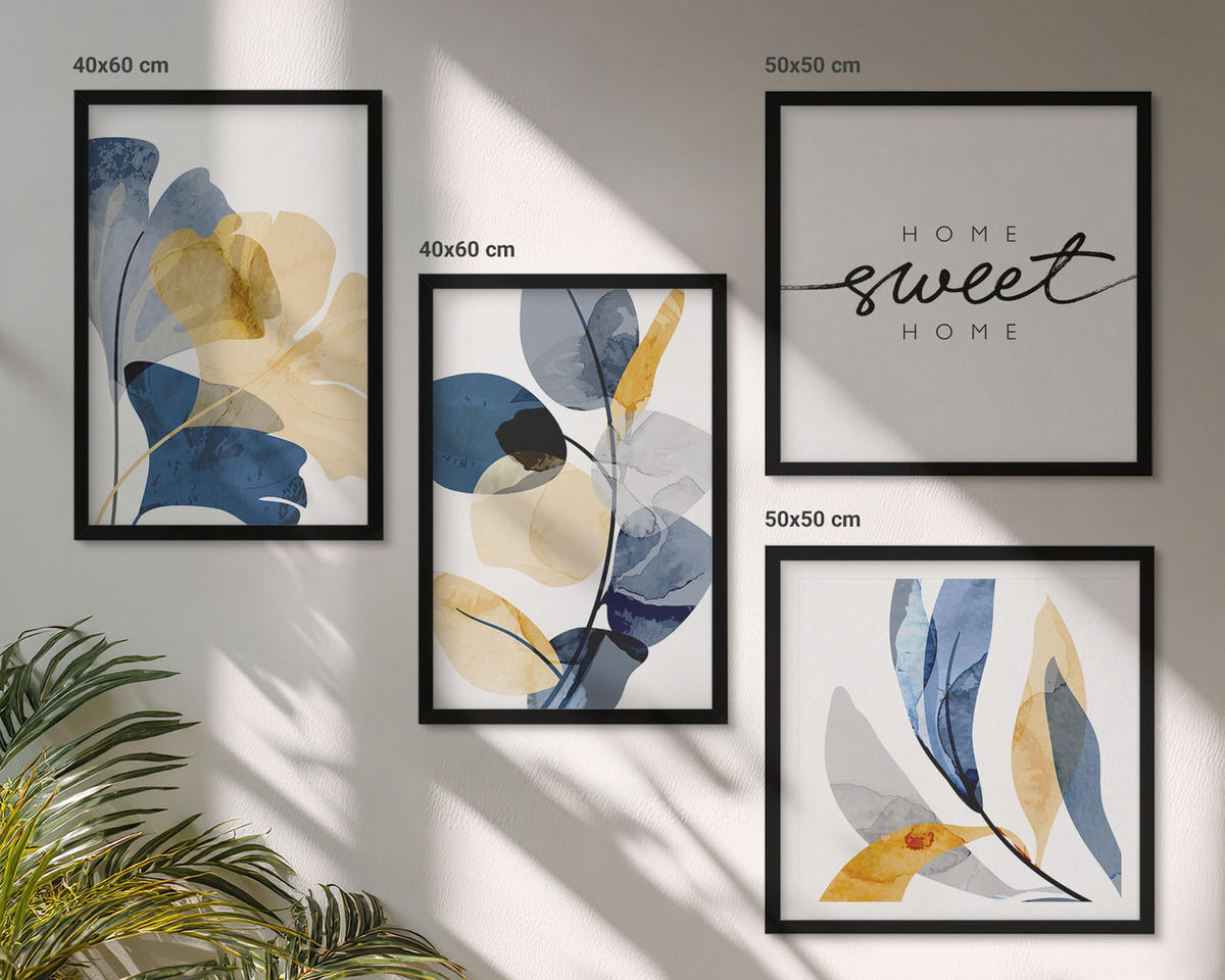 BILDER SET 4er Set - 50x50 cm & 40x60 cm Schwarzer Rahmen - Aquarell-Pflanzenmotive - Schwarz, Kunststoff (50/50cm) - TULUP