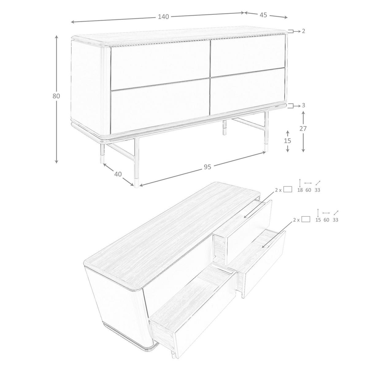 KOMMODE Kommode aus dunkelgrauem, mattem Holz, schwarzem Stahl und Walnussplatte 140/45/80 cm - Dunkelgrau, Holzwerkstoff (140/80/45cm) - ANGEL CERDA