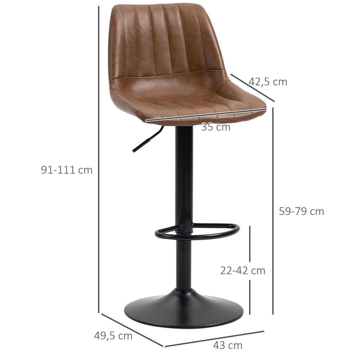 BARHOCKER 2er-Set Braun höhenverstellbar mit Rückenlehne - Braun, Metall (49.5/111/43cm) - MIVRAY