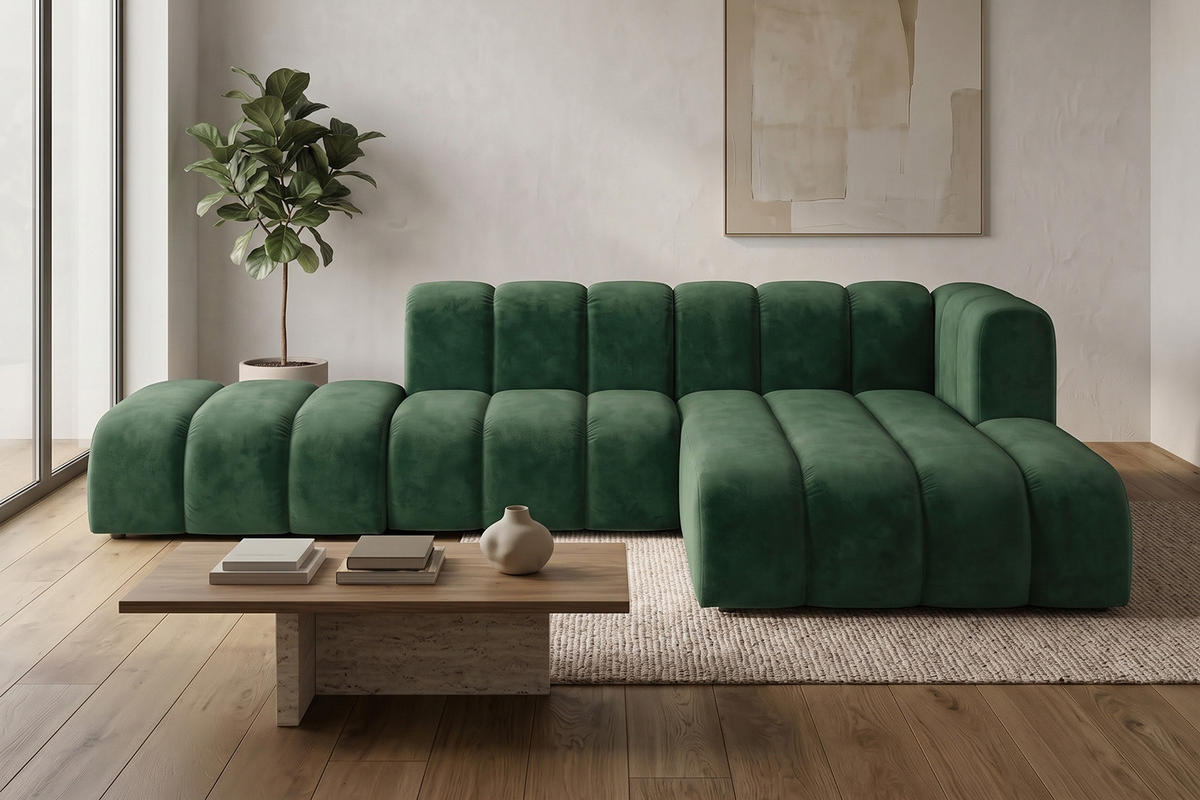 ECKSOFA Modulares In L-Form Mit Hocker, Velvet-Stoff Riviera, Grün, Rechts, GRAND Mini - Olivgrün, Holz (295/179cm) - Kaiser Möbel