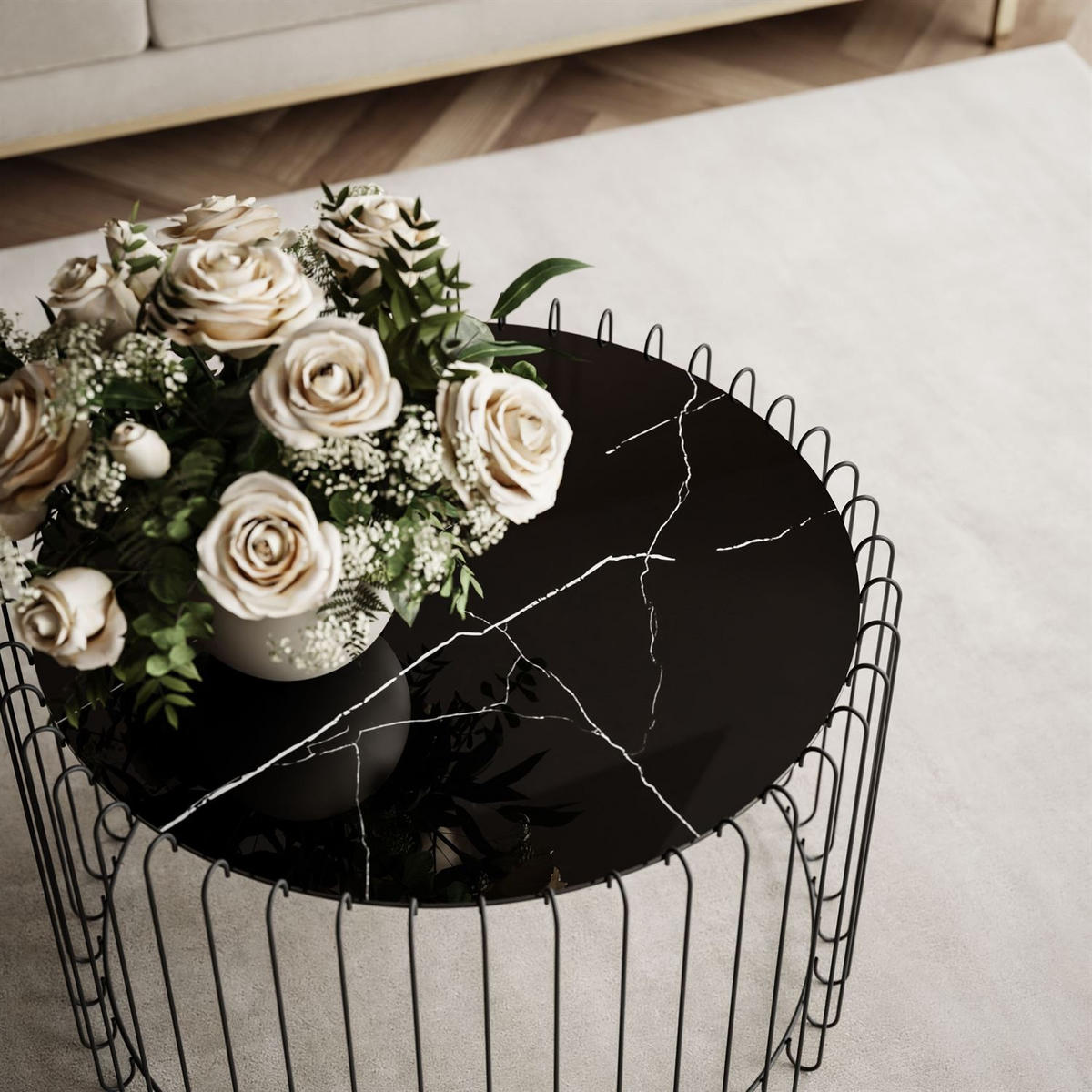 COUCHTISCH MARBELLE mit Marmorplatte, schwarzer Marmor/Schwarz - Schwarz, Metall (60/60/39cm) - Lookway