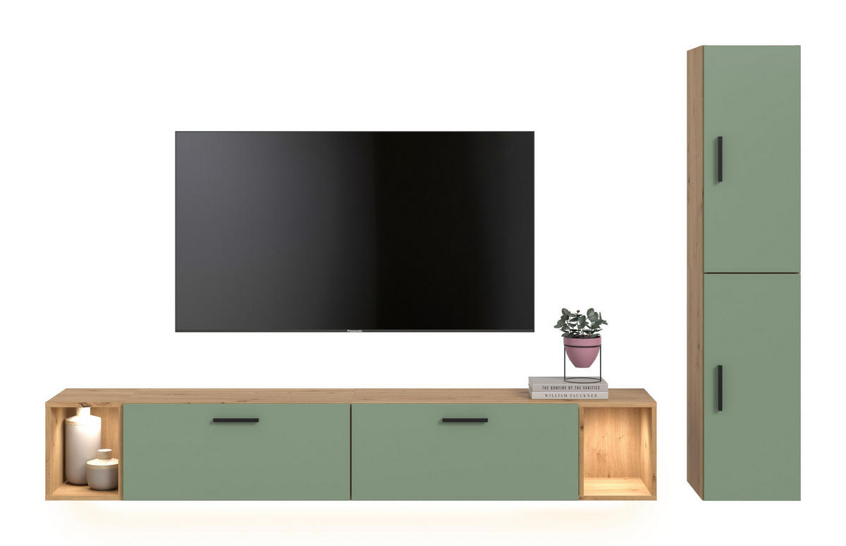 WOHNKOMBINATION inkl Beleuchtung THE ONE (B/H/T: ca. 259/182/34 cm) in Artisan Oak Nachbildung/Smoke Green - Eiche Artisan, Holzwerkstoff (259/182/34cm)