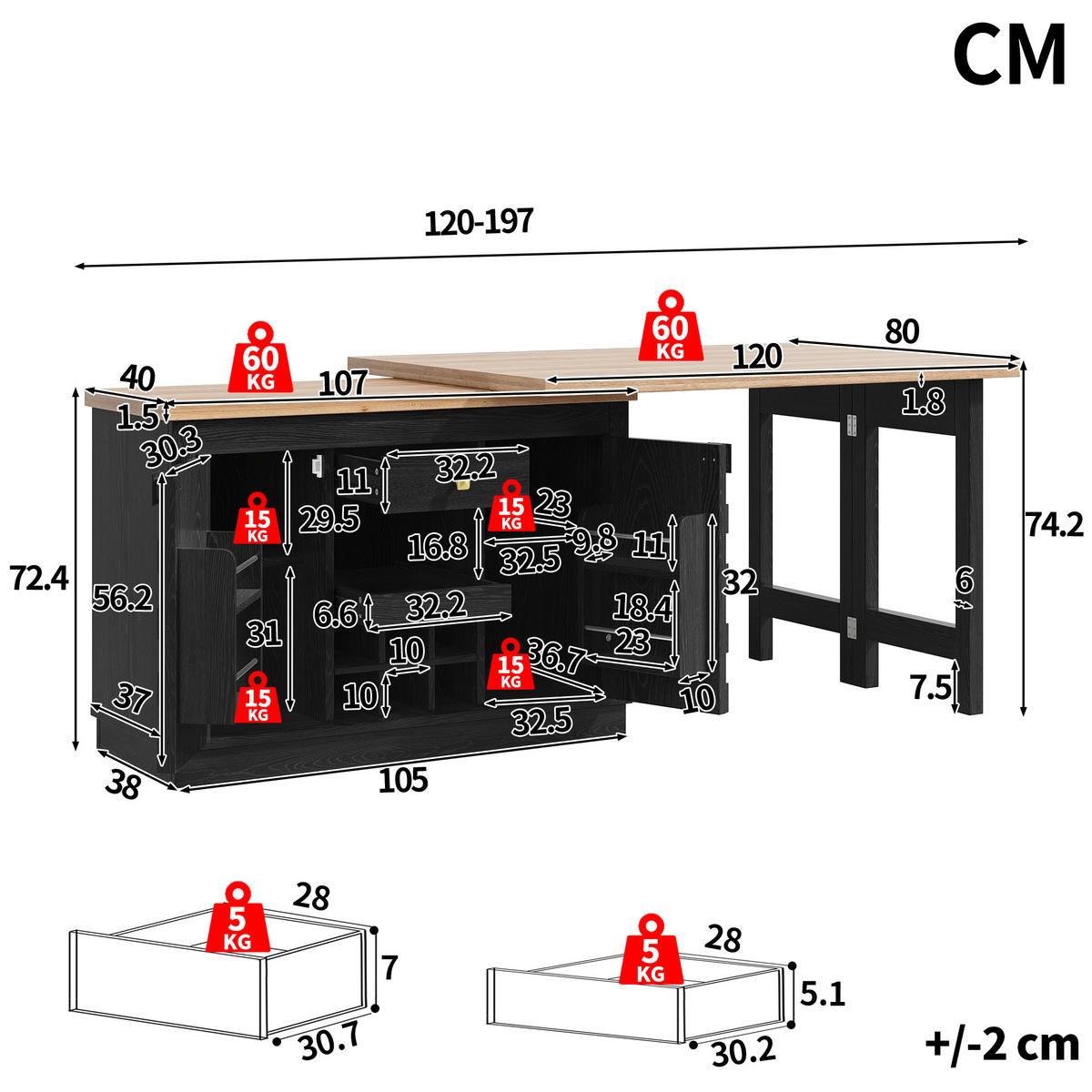 KÜCHENINSEL DE-38580 ausziehbar 120-197 cm 360° drehbar Schwarz - Schwarz, Holzwerkstoff (120/74.2/40cm) - ComfortXL