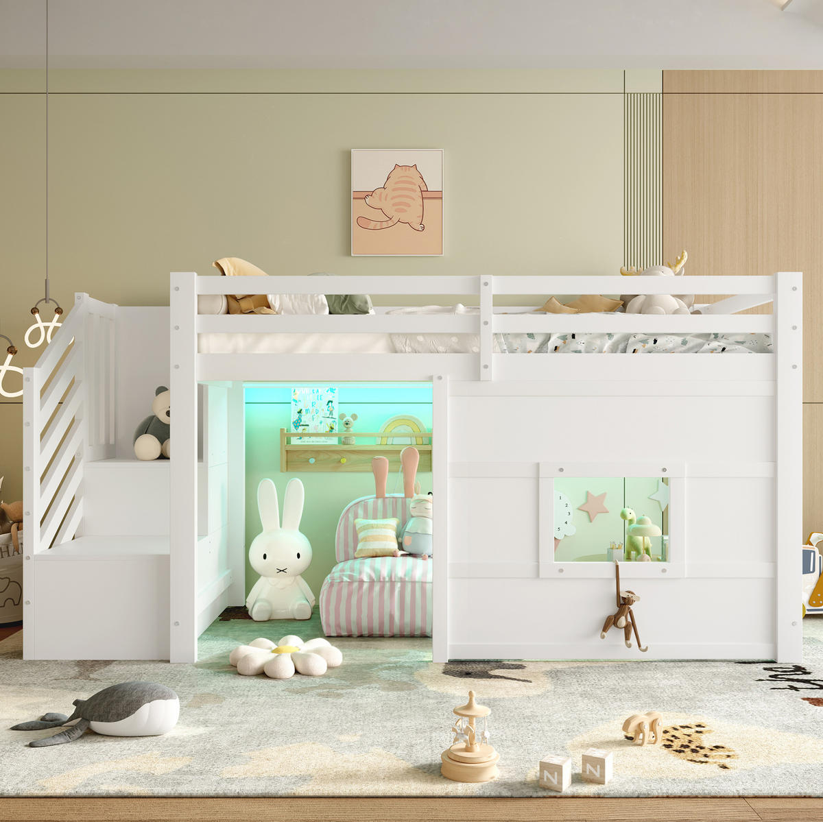 HOCHBETT 90/200 cm aus Kiefer, MDF und Sperrholz mit Stauraumtreppe und Fenster Weiß - Weiß, Holzwerkstoff (90/200cm) - Modenvie