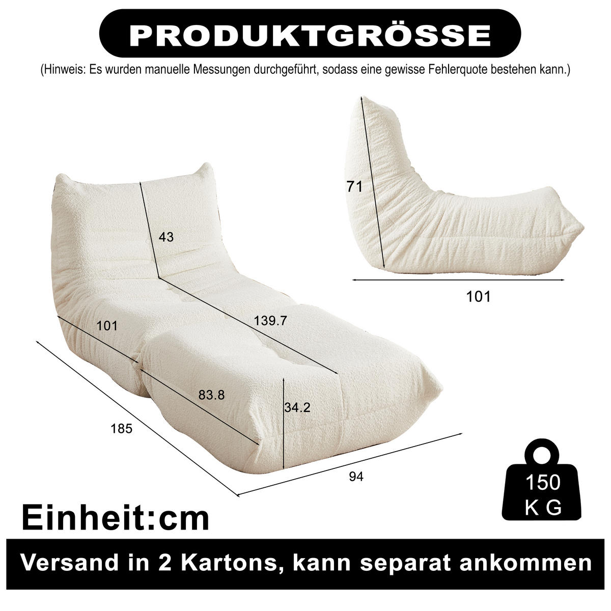 SITZSACK Chenille Beige Ohne Armlehnen - Beige, Textil (94/71/185cm) - WISHDOR