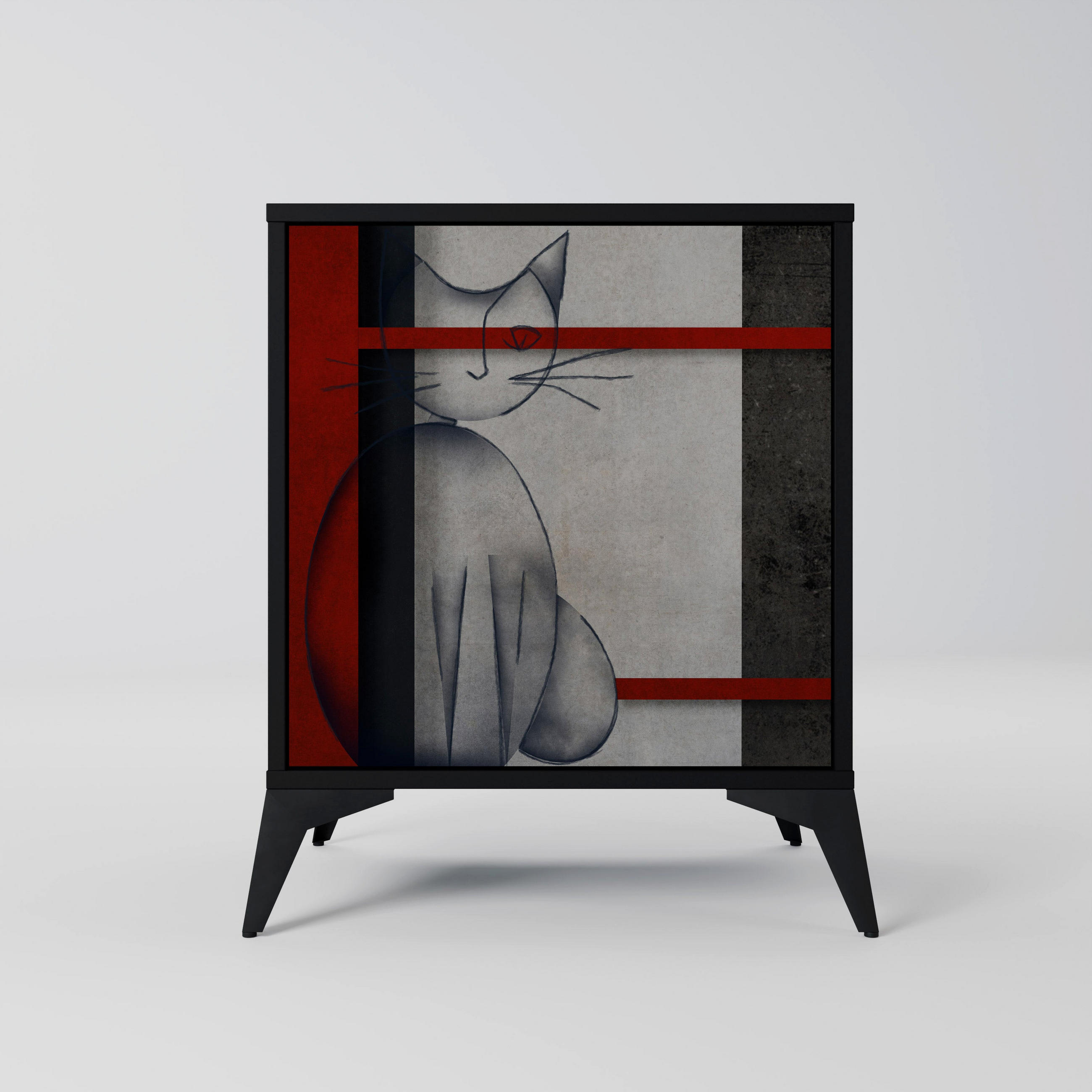 SIDEBOARD GRAY FIGURES, Schwarz, 57,5x42x70,5 cm, Schwarze Metall-Sternfüße - Multicolor/Schwarz, Holzwerkstoff/Metall (57.5/70.5/42cm) - SpaceRebels