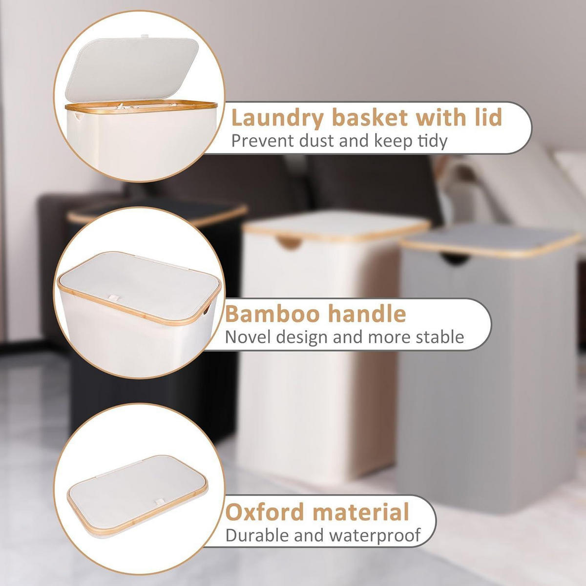 WÄSCHEKORB 150L 2 Fächer mit Deckel und Bambusgriff Beige - Beige, Textil (37/70/53cm)