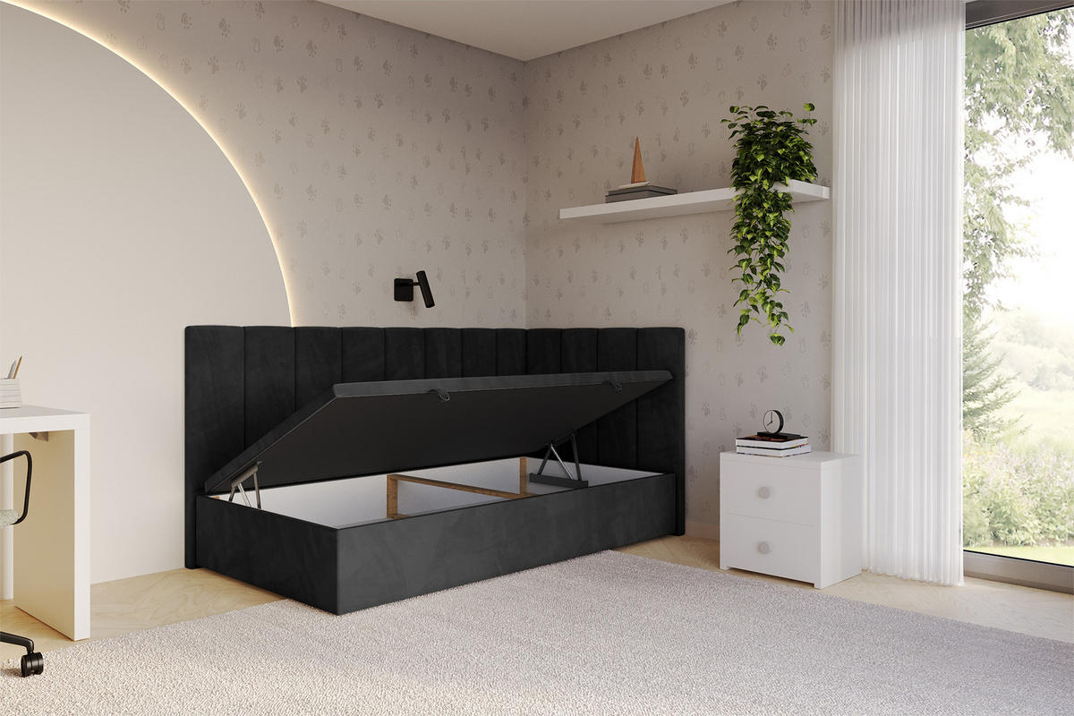 EINZELBETT Jugendbett mit Bettkasten Links, ohne Matratze - LOVY 80x200 Schwarz - Schwarz, Holzwerkstoff/Textil (80/200cm) - ALTDECOR