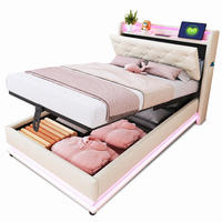 POLSTERBETT 90/200 mit LED, hydraulischem Stauraum und USB/Type-C-Anschlüssen in Beige - Beige, Holzwerkstoff/Textil (90/200cm) - EVRYAE