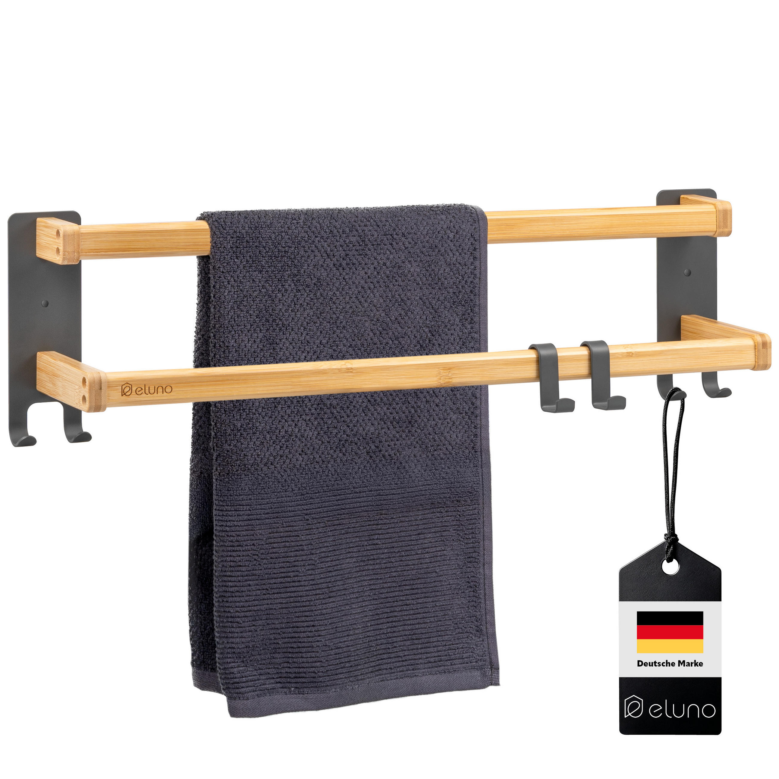 HANDTUCHHALTER, Metall grau mit Bambus - Grau, Holz (64.5/18/12cm) - eluno