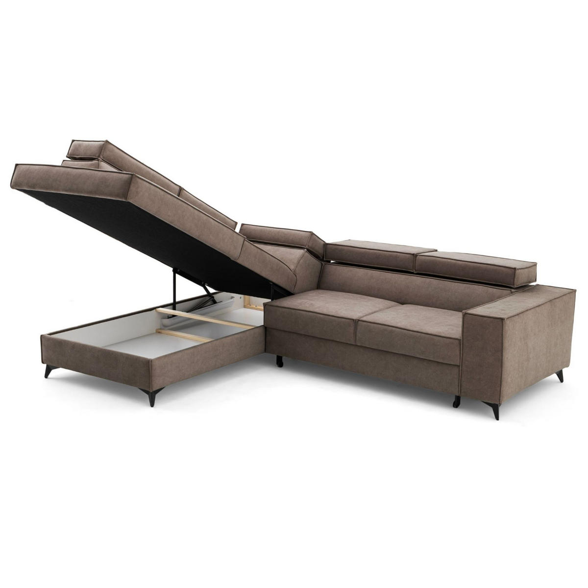 ECKSOFA PURE L Links mit Schlaffunktion 127x199 Velours Beige - Beige/Schwarz, Holz/Textil (281/204cm) - Muffo