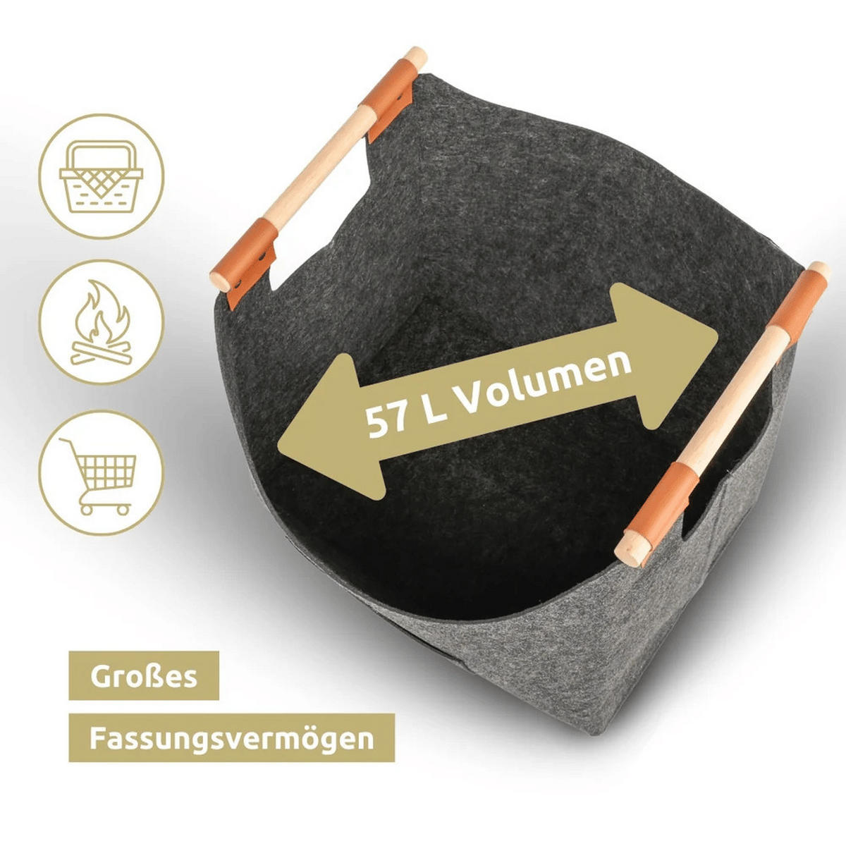 KAMINHOLZKORB Filz Grau MELLA XXL Korb 57L Holzkorb - Grau, Textil (45/40/32cm) - DELUKE