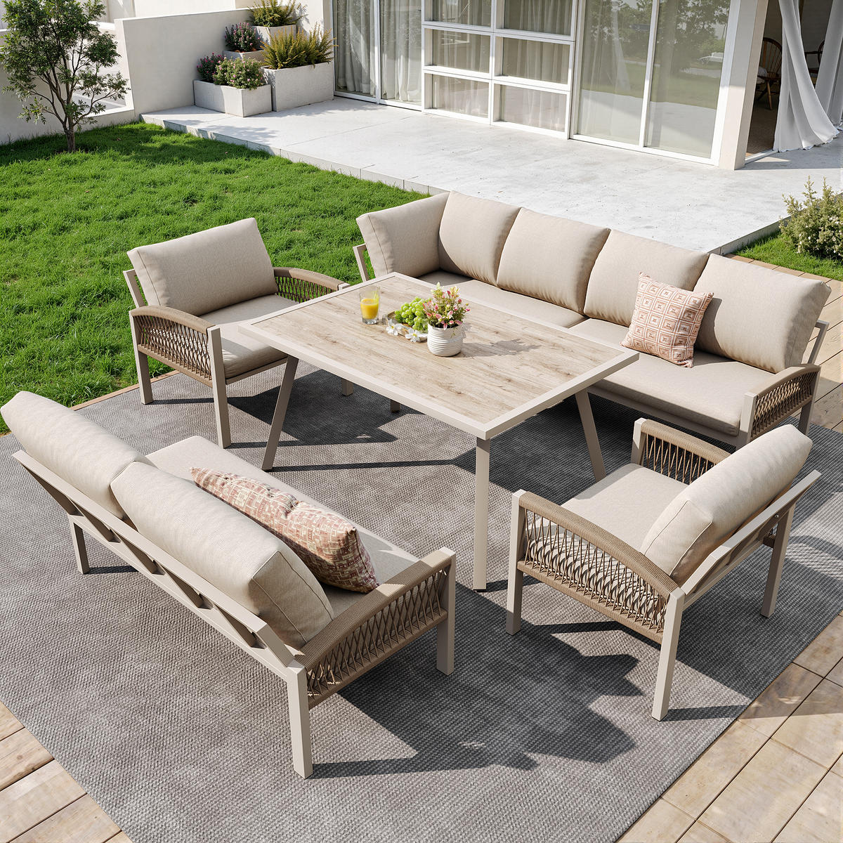 GARTENSET L-Form 8 Personen Beige Inkl. Tisch & 2 Sesseln - Beige, Metall - FLIEKS