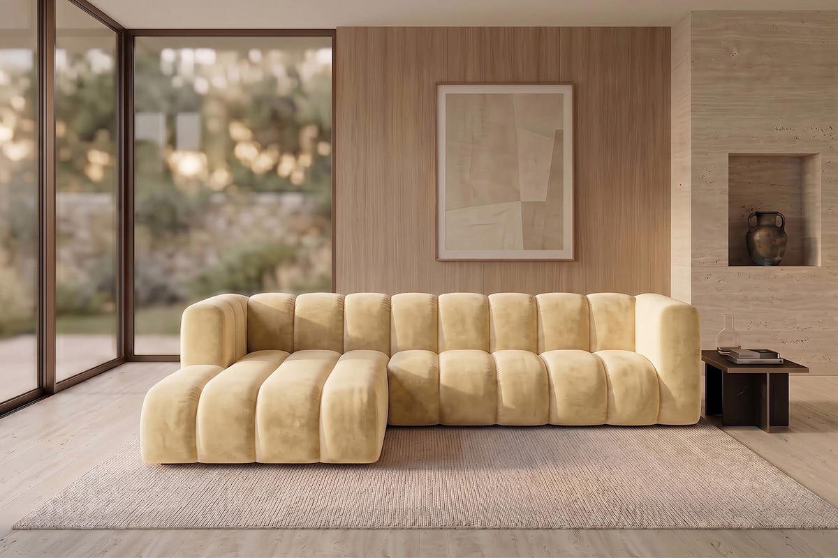 ECKSOFA Modulares In L-Form, Velvet-Stoff Riviera, Buttergelb, Links, GRAND 287 cm - Hellgelb, Holz (287/179cm) - Kaiser Möbel