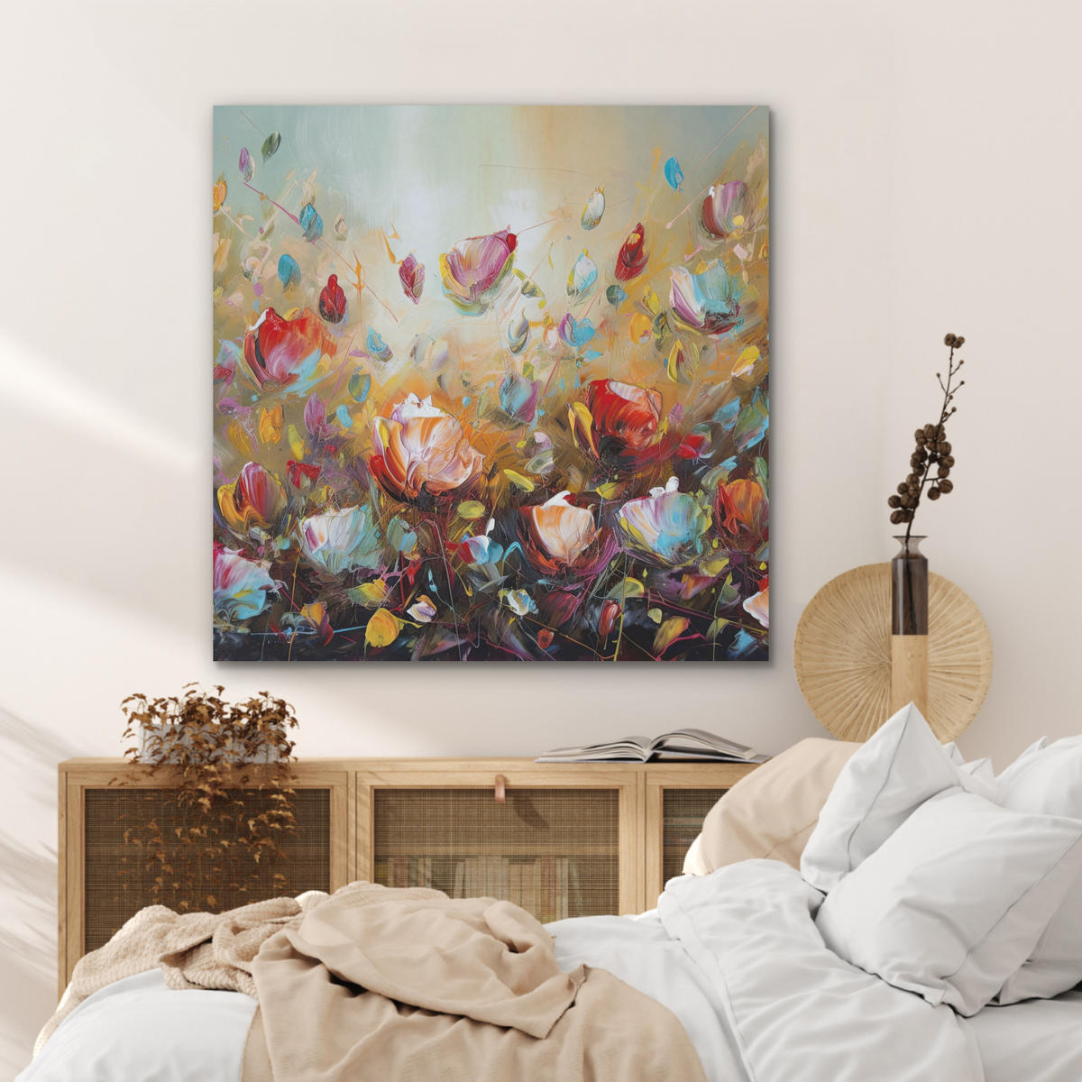 AKUSTIKPANEEL Blumen - Kunst - Natur - Ölgemälde 90x90 cm - Multicolor, Textil (90/0.9/90cm) - MuchoWow
