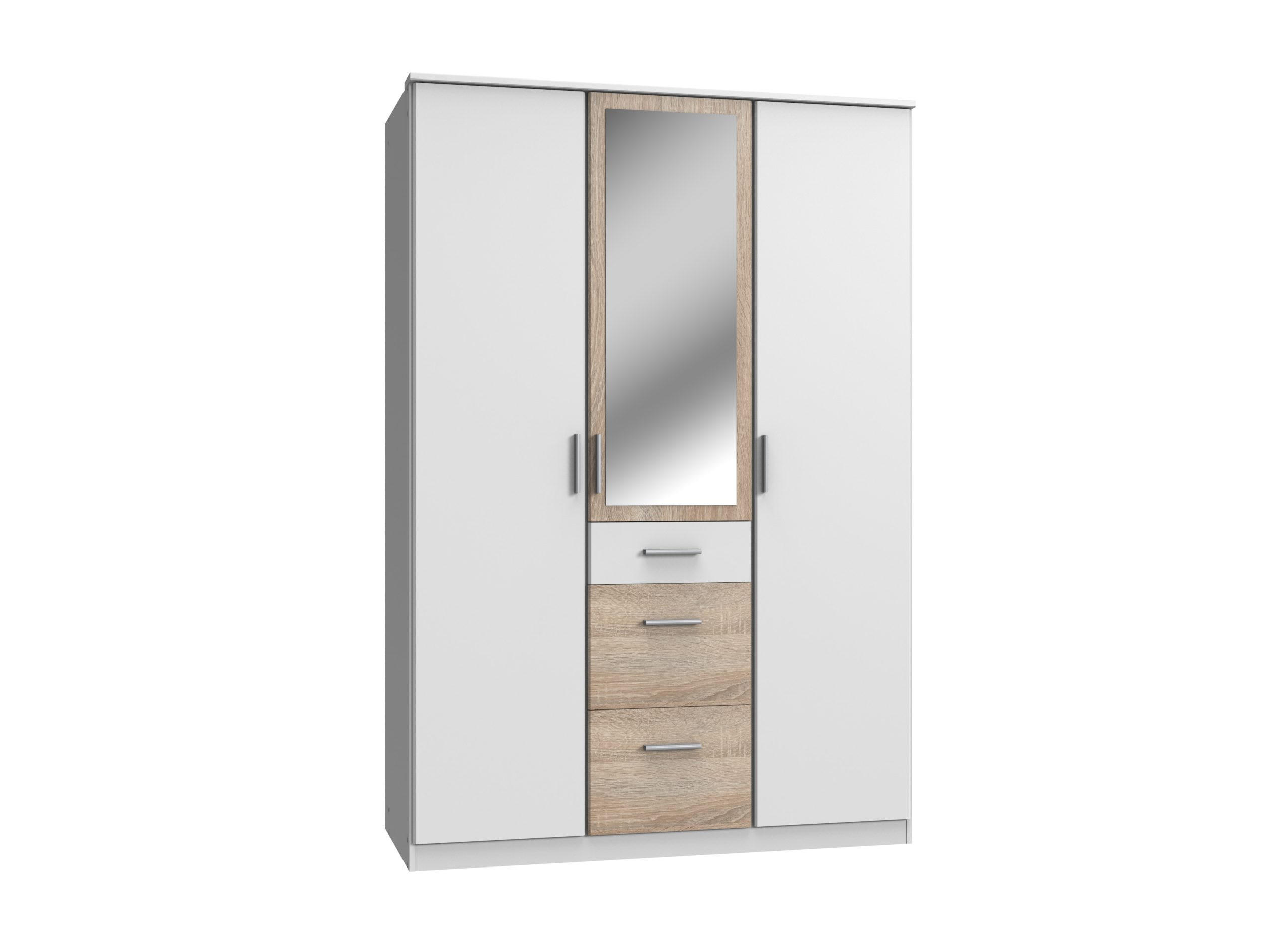 KLEIDERSCHRANK Joker in Weiß Eiche Sägerau - Drehtürenschrank 3 türig mit Spiegel - Weiß, Holzwerkstoff (135/199/58cm)
