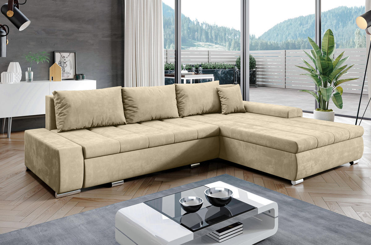 ECKSOFA L Form Tunceli Beige 297/210/85 cm – modernes Sofa fürs Wohnzimmer - Beige/Silberfarben, Textil/Metall (297/210cm) - AX Living
