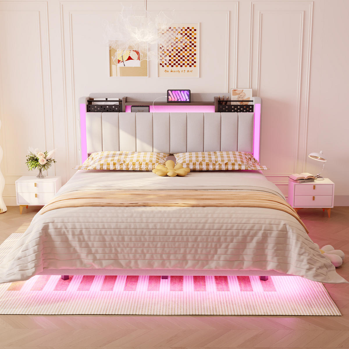 POLSTERBETT 140/200 cm beige aus Leinenstoff mit LED und USB-Anschluss mit Stauraum - Beige, Textil (140/200cm) - OKWISH