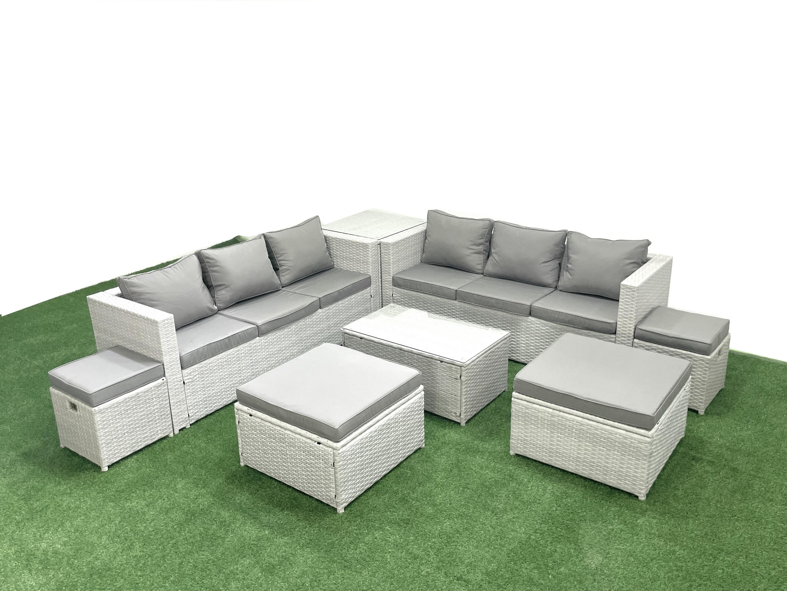 GARTENSET mit 3-SITZER SOFA,COUCHTISCH Polyrattan Hellgrau-Mix 10-Sitzer - Hellgrau/Grau, Glas/Kunststoff - Fimous