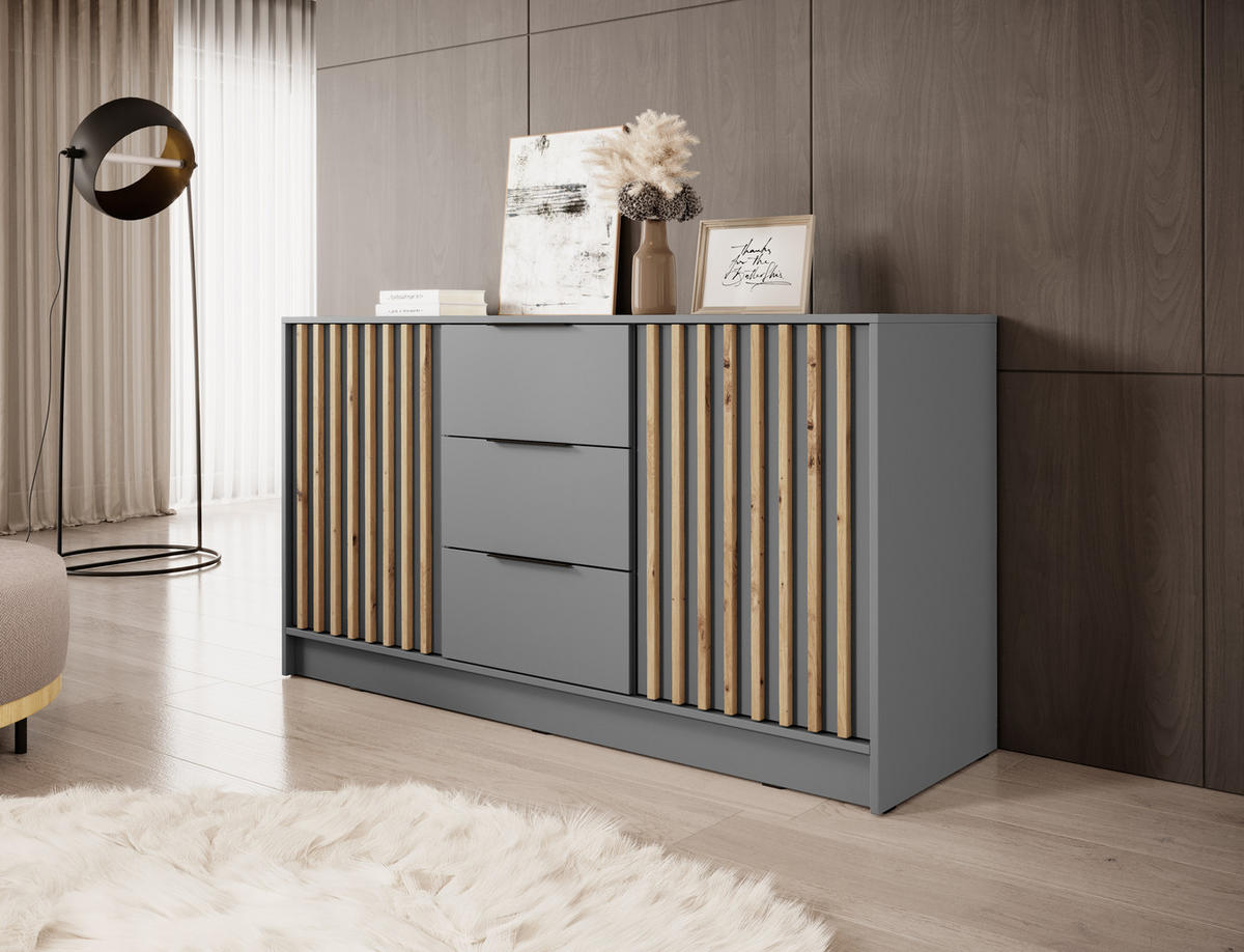 KOMMODE Stilo 155 cm in Grau + Lamellen aus Artisan-Eiche - Schwarz/Eiche Artisan, Holzwerkstoff/Kunststoff (155/86/45cm) - Ravio