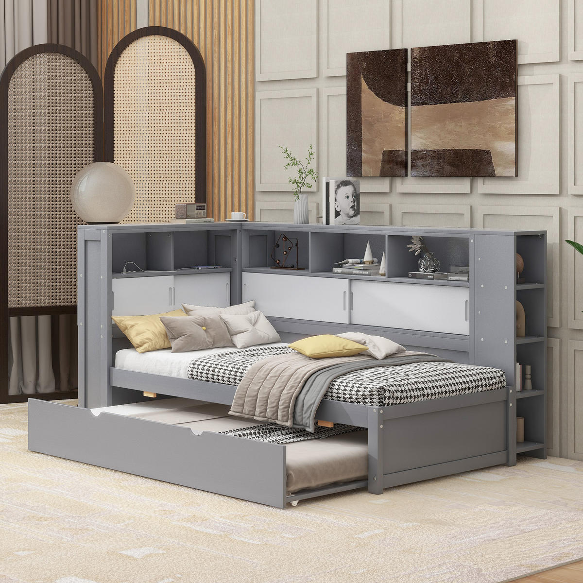 MULTIFUNKTIONSBETT 90/200 cm grau mit Ausziehbett und USB-Ladeanschluss - Grau, Holzwerkstoff (90/200cm) - OKWISH