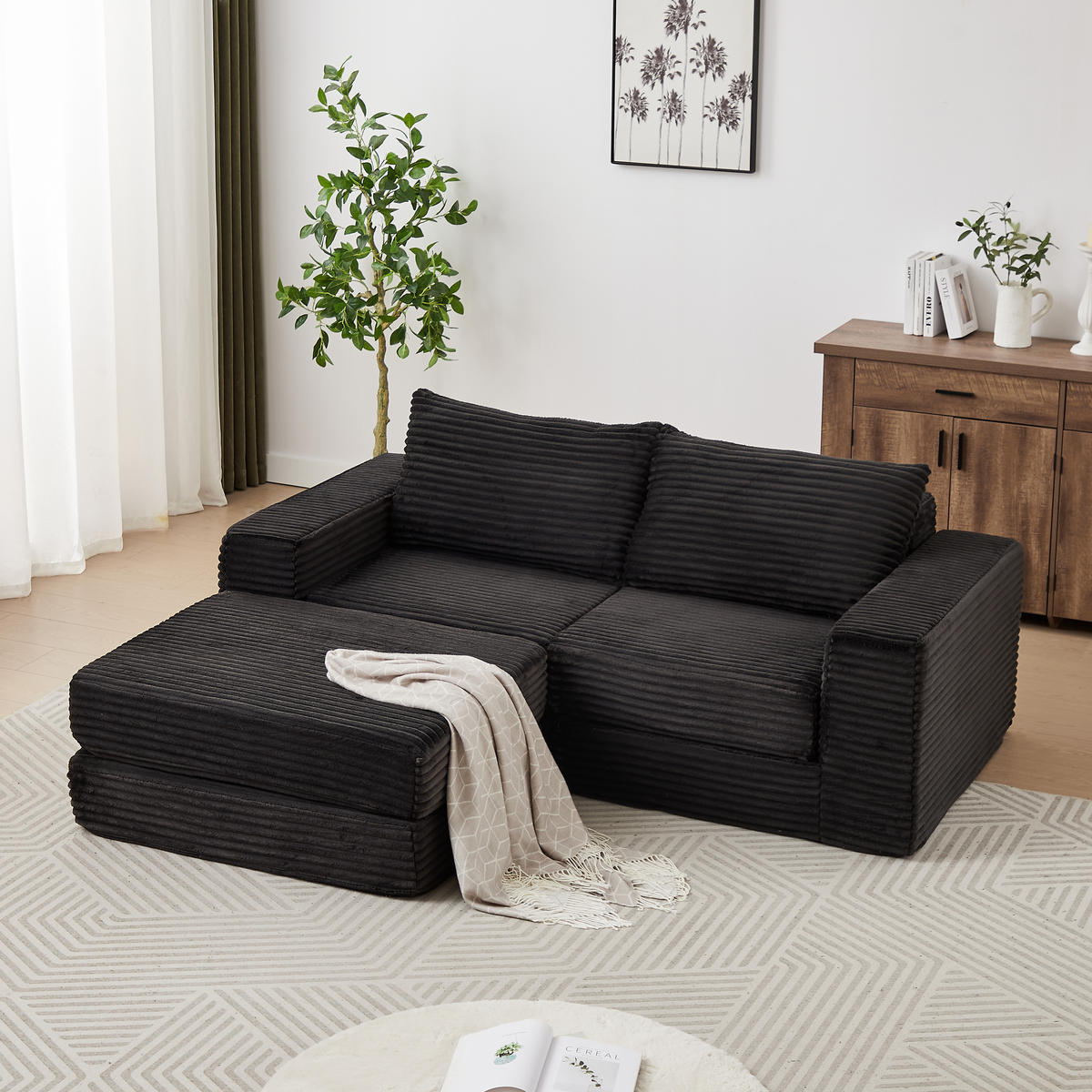 ECKSOFA DE-34544 2-in-1 mit Fußstütze und Kissen Schwarz - Schwarz, Textil (169.5/194cm) - ComfortXL