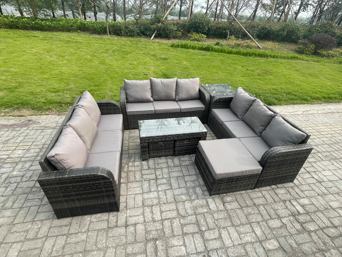 GARTENSOFA SET mit rechteckigem COUCHTISCH Polyrattan 12-Sitzer Dunkelgrau - Dunkelgrau/Grau, Glas/Kunststoff - Fimous