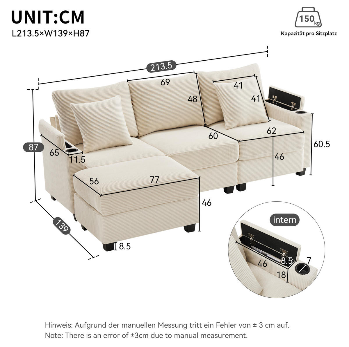 SOFA L-Form 3-Sitzer mit Hocker USB 213,5 x 139 cm Cord Beige - Beige, Textil (213.5/139cm) - IVMEU