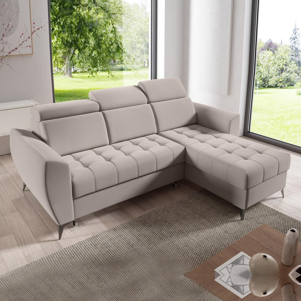 ECKSCHLAFSOFA Aurora I verstellbare Kopfstützen, Beige - Beige/Schwarz, Textil (235/176cm) - Beautysofa