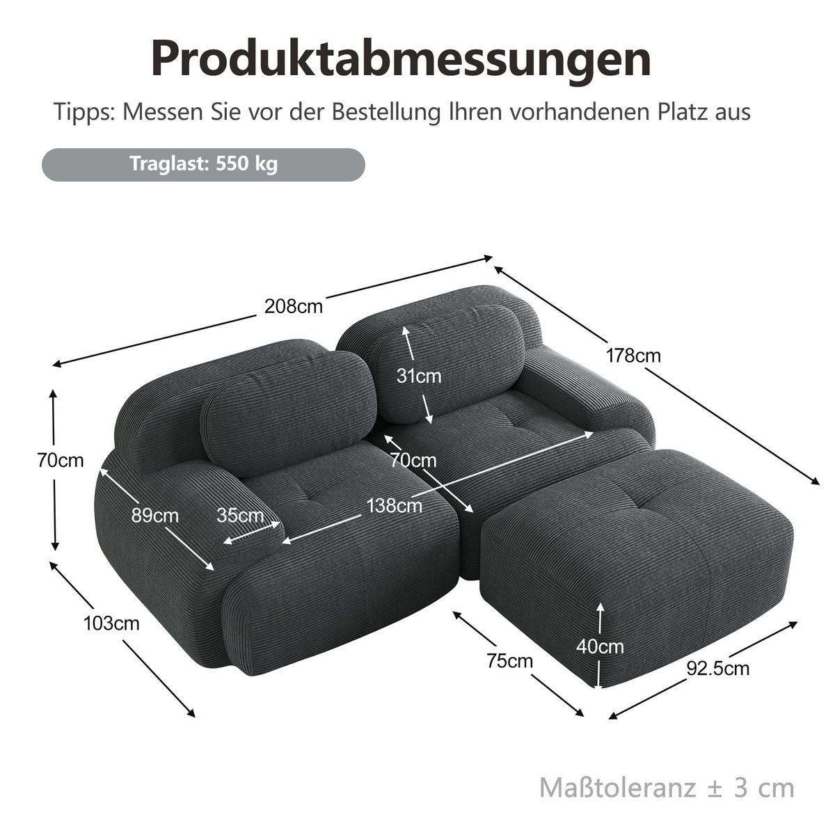 ECKSOFA DE-34025 modular mit gebogenen Armlehnen Grau - Grau, Textil (178/208cm) - ComfortXL