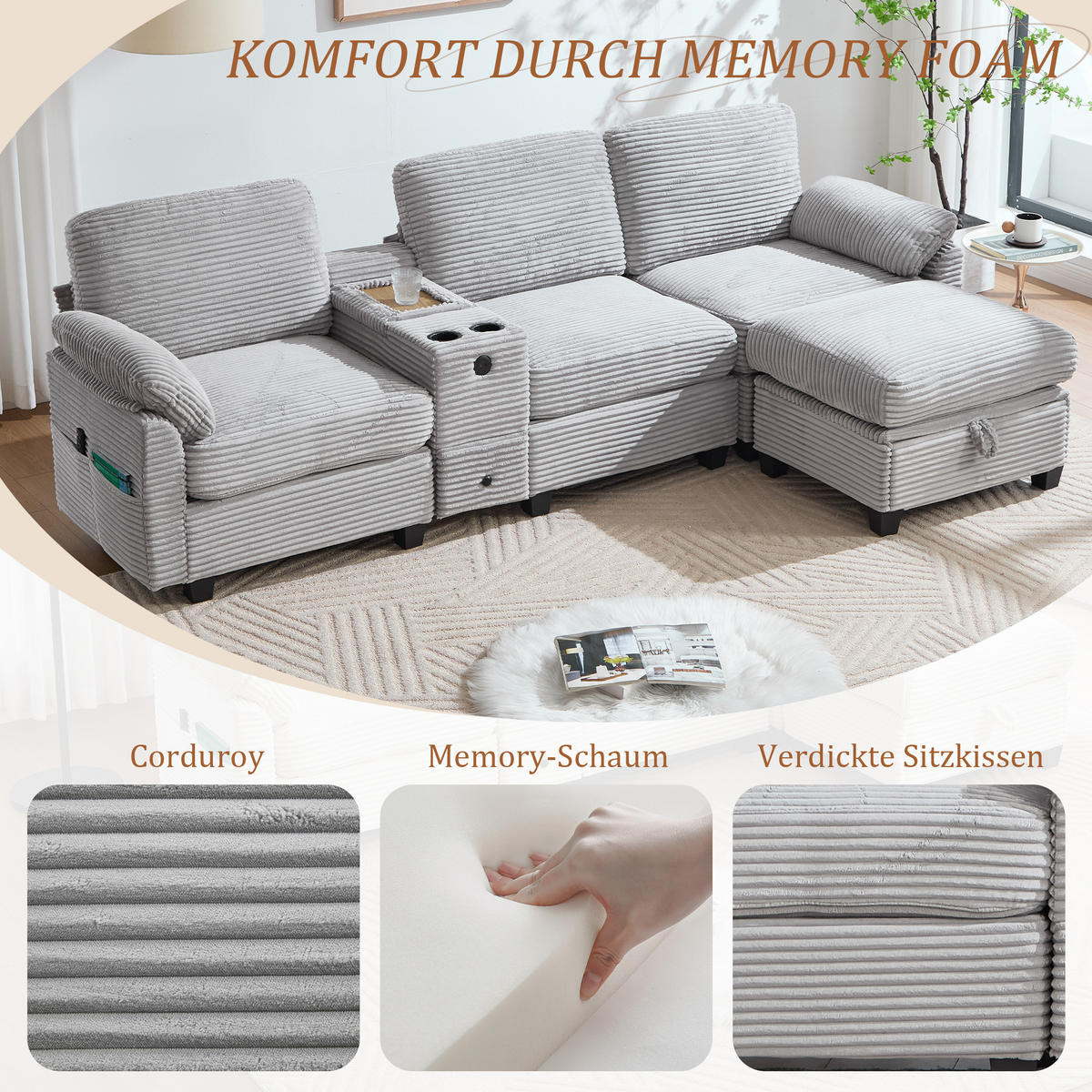 WOHNLANDSCHAFT Cord mit Stauraum und USB-Anschluss 266/136/82 cm Hellgrau - Hellgrau, Textil (136/82/266cm) - Redom