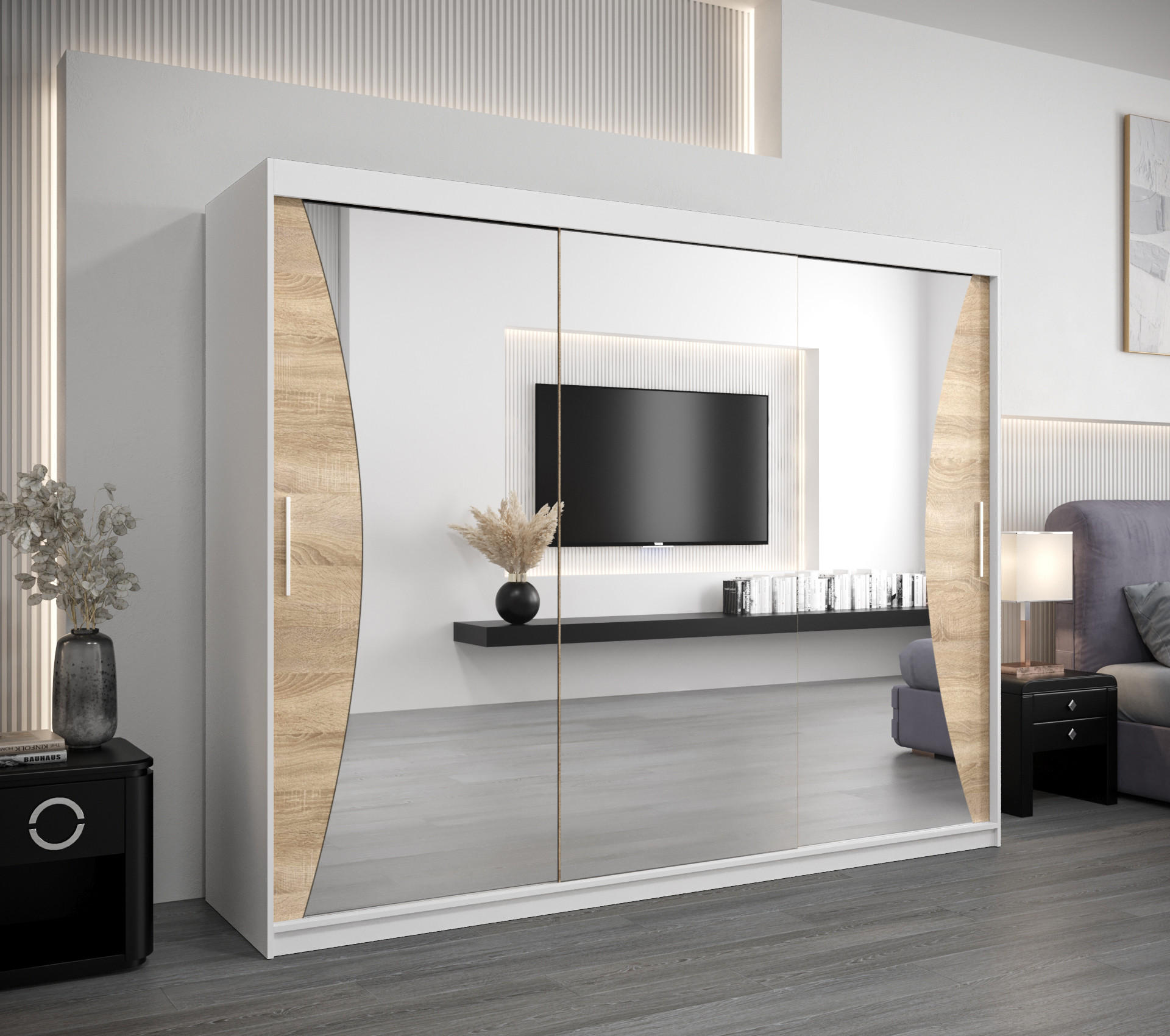 SCHWEBETÜRENSCHRANK 200/250/62 3-türig - Silberfarben/Weiß, Holz/Kunststoff (250/200/62cm) - Abiks Möbel