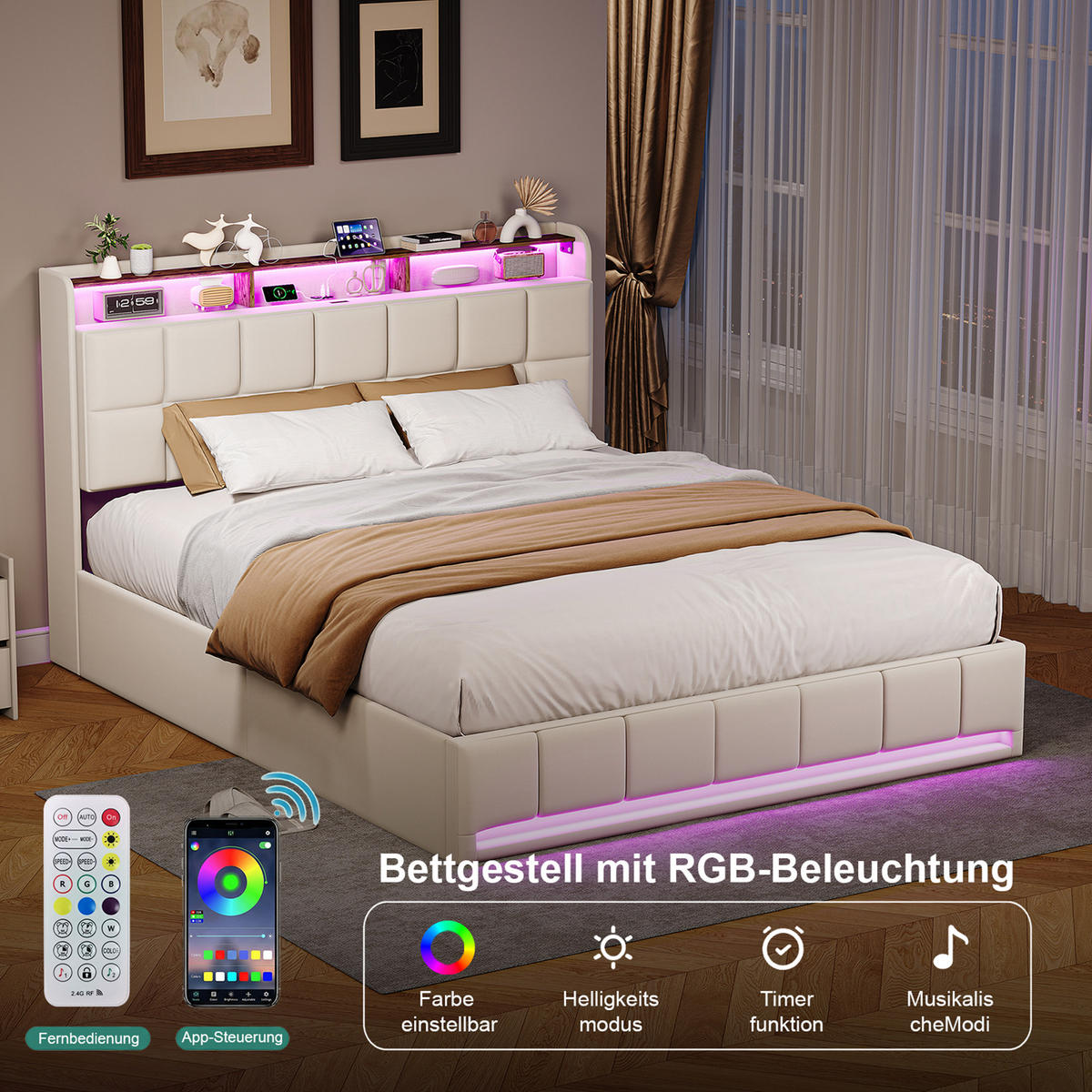 POLSTERBETT 160x200 cm Beige mit LED Beleuchtung, Kopfteil mit Stauraum und USB/Type-C, hydraulisches Stauraumbett - Beige, Metall (160/200cm) - EuroLiving