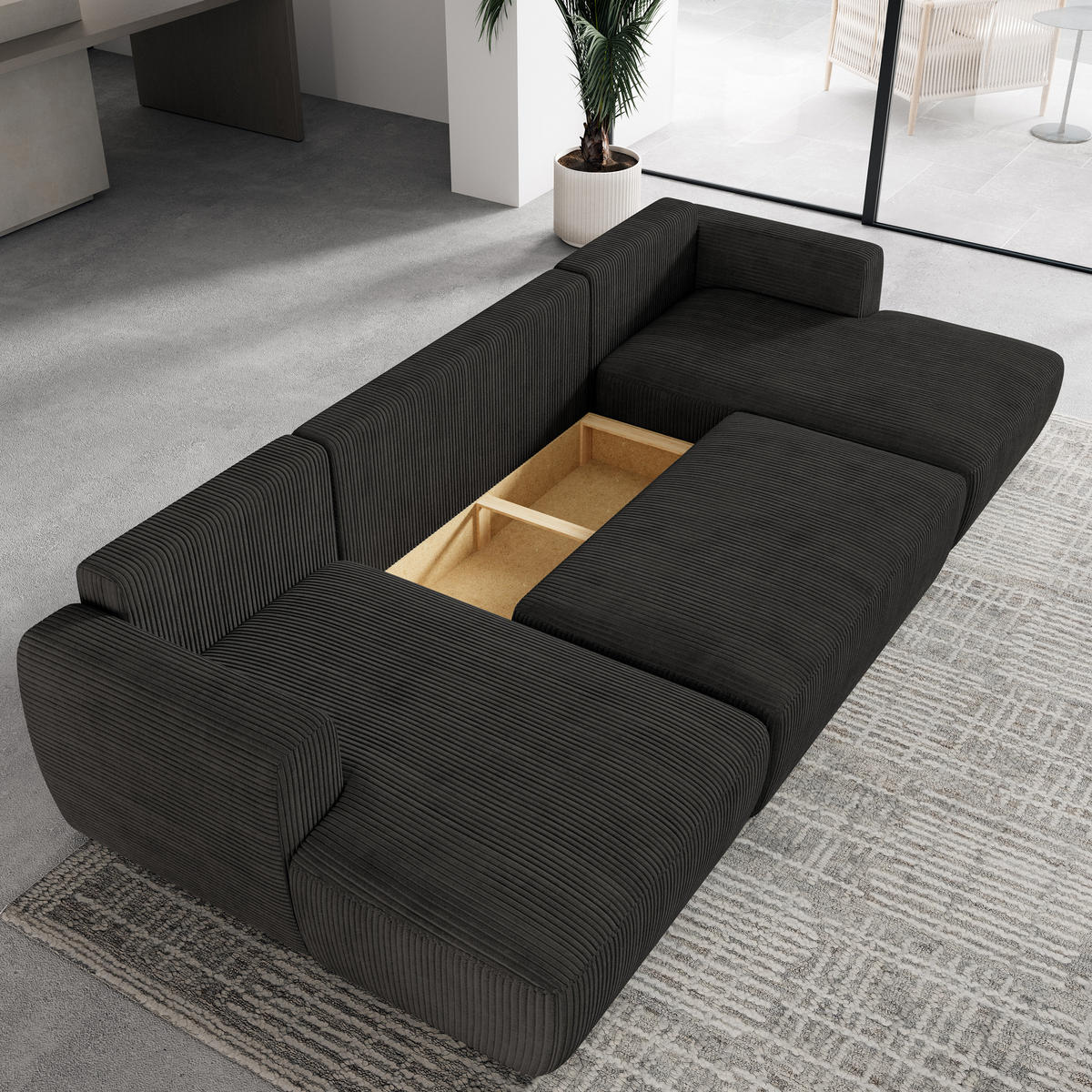 WOHNLANDSCHAFT SENTUM P Schwarz Kordstoff mit Schlaffunktion - Schwarz, Holz (330/90/148cm) - MASSENO