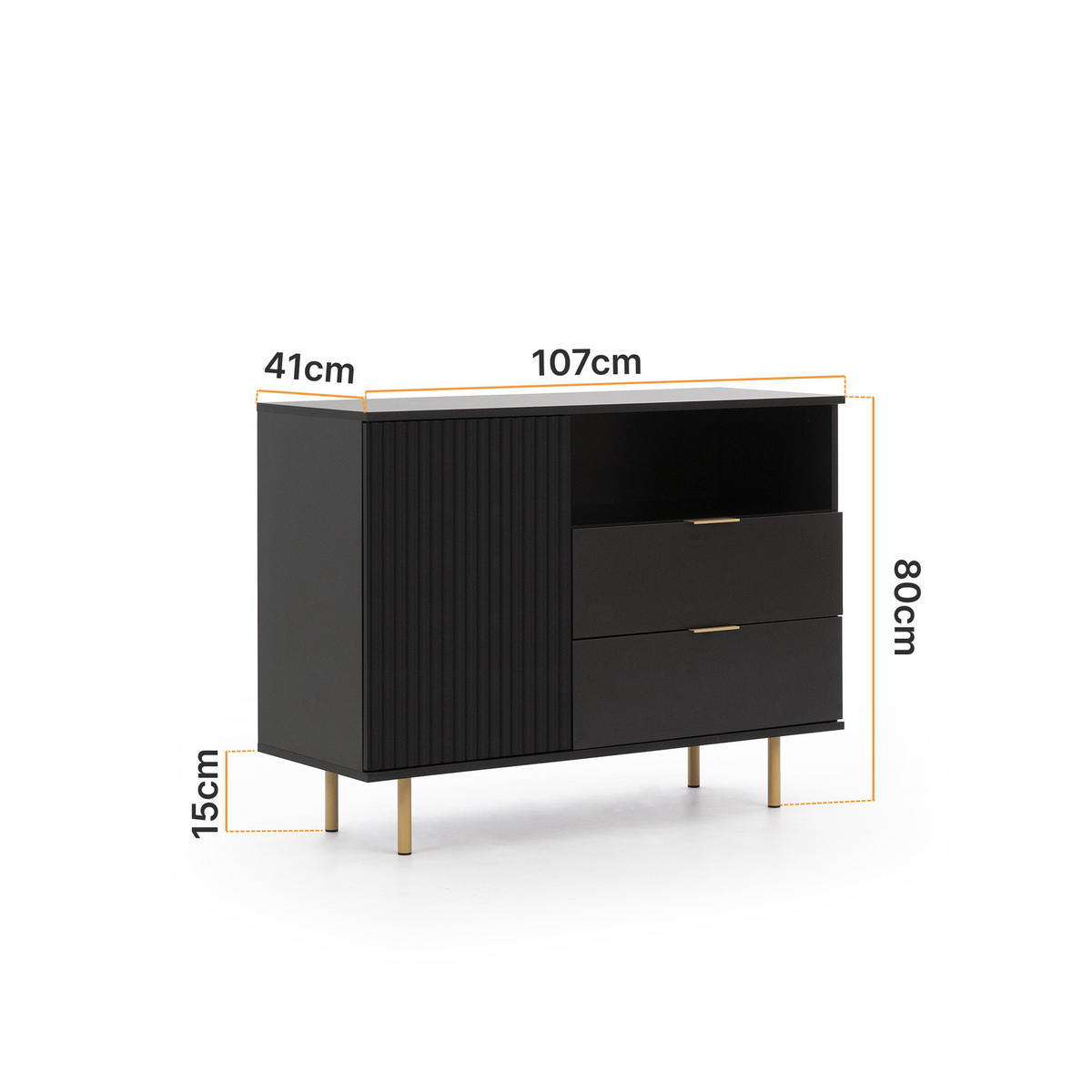 KOMMODE Nubia K1D2S Schwarz - Goldfarben/Schwarz, Holzwerkstoff/Metall (107/80/41cm) - Ravio