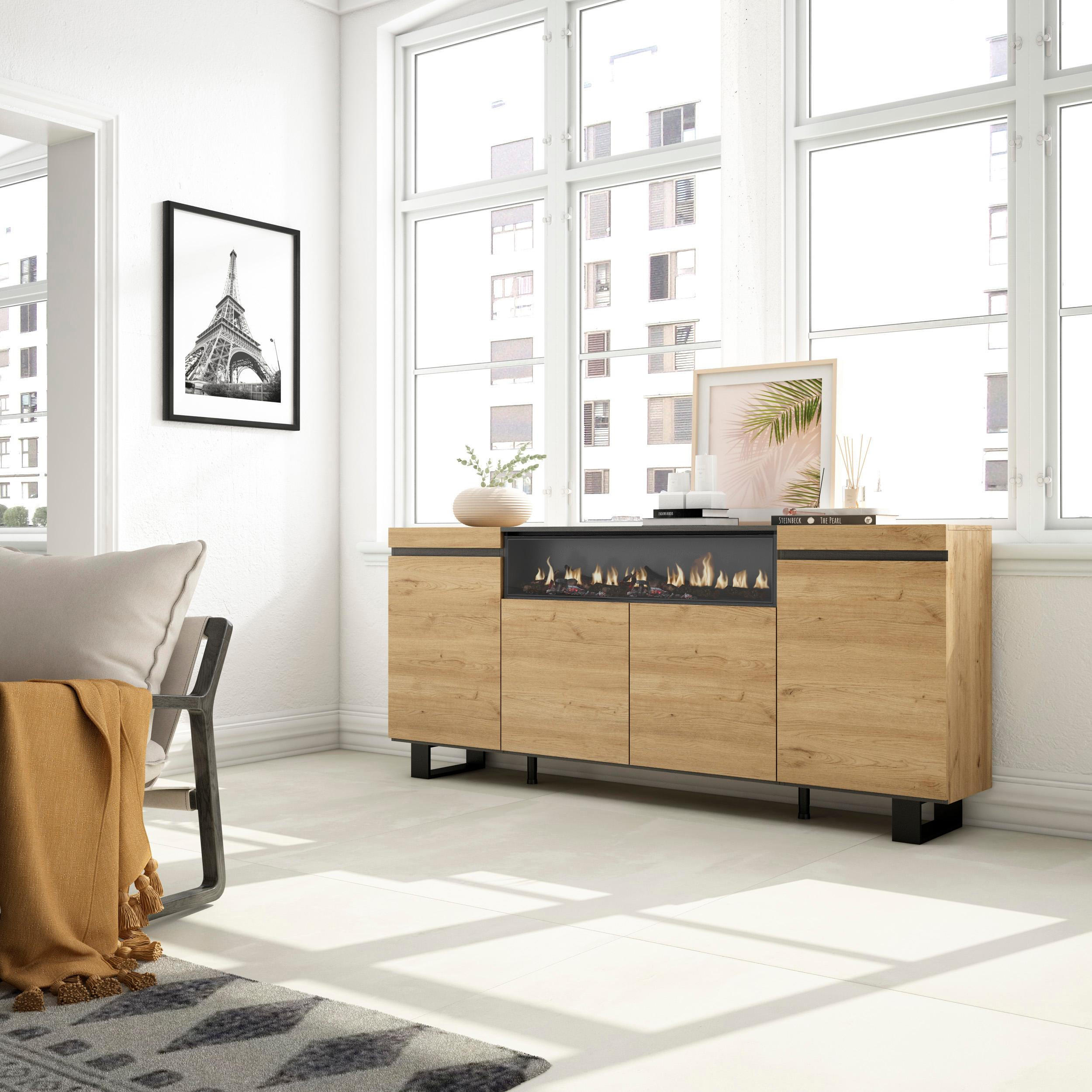 SIDEBOARD Elektrokamin, eiche, schwarz, 200/35/87cm - Beige/Multicolor, Holzwerkstoff (200/87/35cm) - Skraut Home