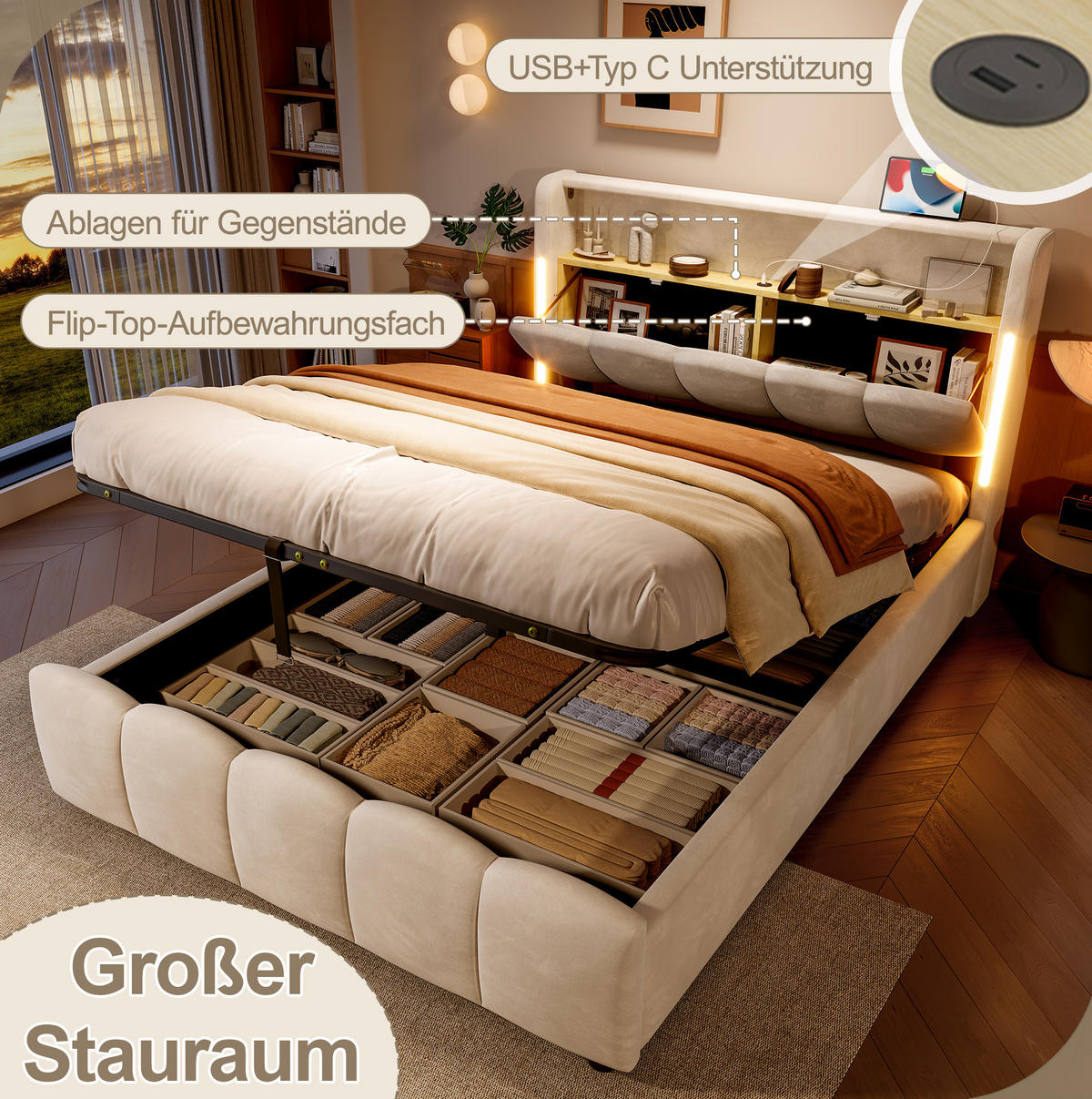 POLSTERBETT 140/200 cm mit LED-Beleuchtung, Kopfteil-Staufach, hydraulischem Bettkasten, USB und Typ-C, Samt, Beige - Beige, Textil (140/200cm) - Redom