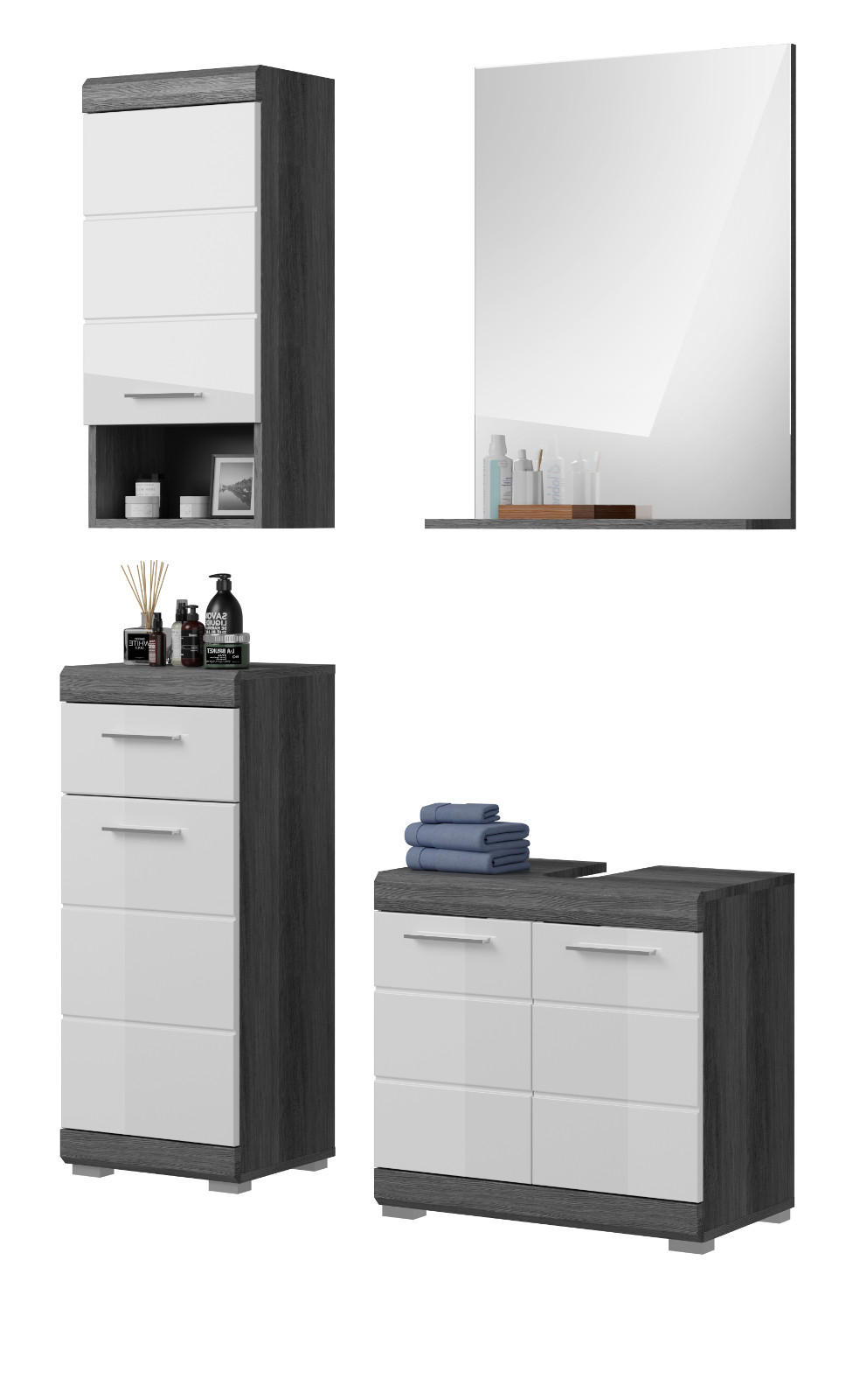 BADMÖBEL-SET weiß Hochglanz, grau 4-teilig 112 cm, Komplettset mit 7 Fächern - Weiß Hochglanz/Grau, Holzwerkstoff (112/191/34cm) - Inn.Furn