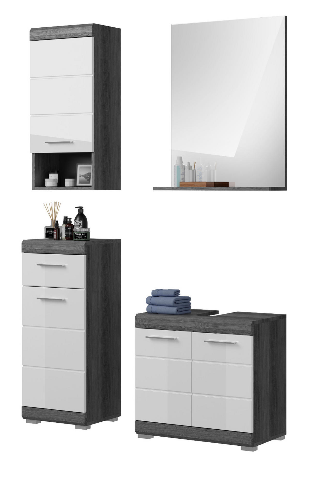 BADMÖBEL-SET weiß Hochglanz, grau 4-teilig 112 cm, Komplettset mit 7 Fächern - Weiß Hochglanz/Grau, Holzwerkstoff (112/191/34cm) - Inn.Furn