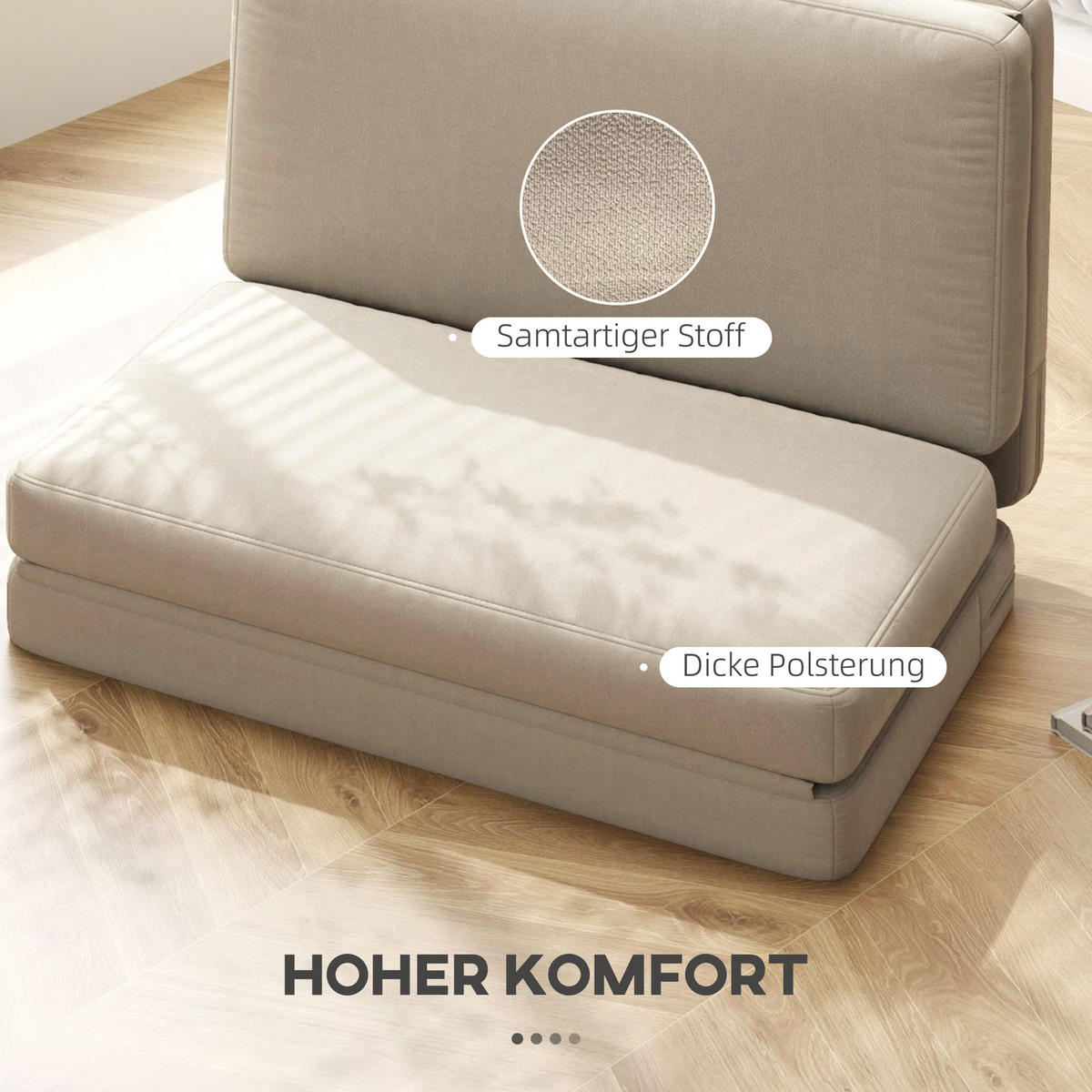 BODENSOFA 3-in-1 Klappbar Schlafsofa mit Samtoptik für Schlafzimmer, Wohnzimmer - Beige, Textil (120/10/275cm) - HOMCOM