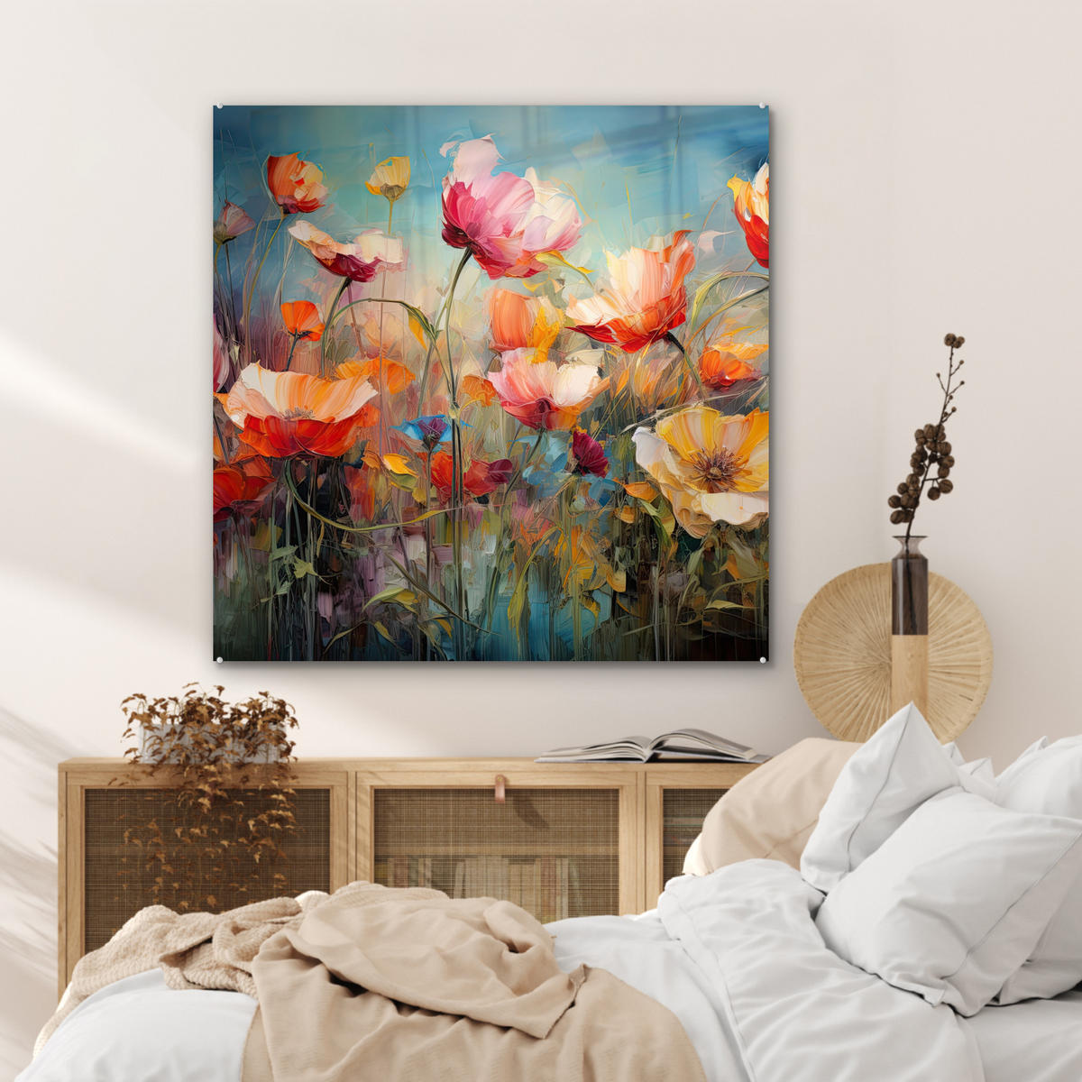 ACRYLGLASBILD Blumen - Aquarell - Kunst - Botanisch - Natur 90x90 cm - Orange, Glas (90/90cm) - MuchoWow