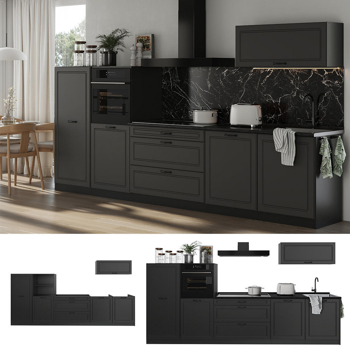 KUCHYNKA R-Line, Antracitový vidiecky dom/antracitová, 340 cm Marmori työtaso - antracitová, kompozitné drevo (340/143/60cm) - Vicco