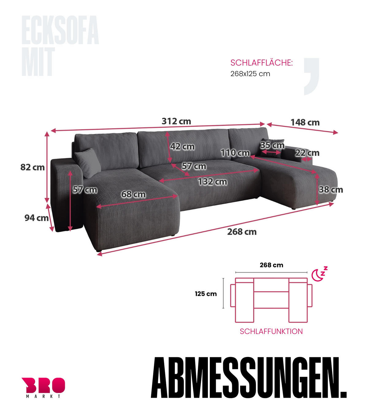 WOHNLANDSCHAFT PUMI mit Schlaffunktion Grau Cord - Grau, Textil (312/82/148cm) - Bromarkt