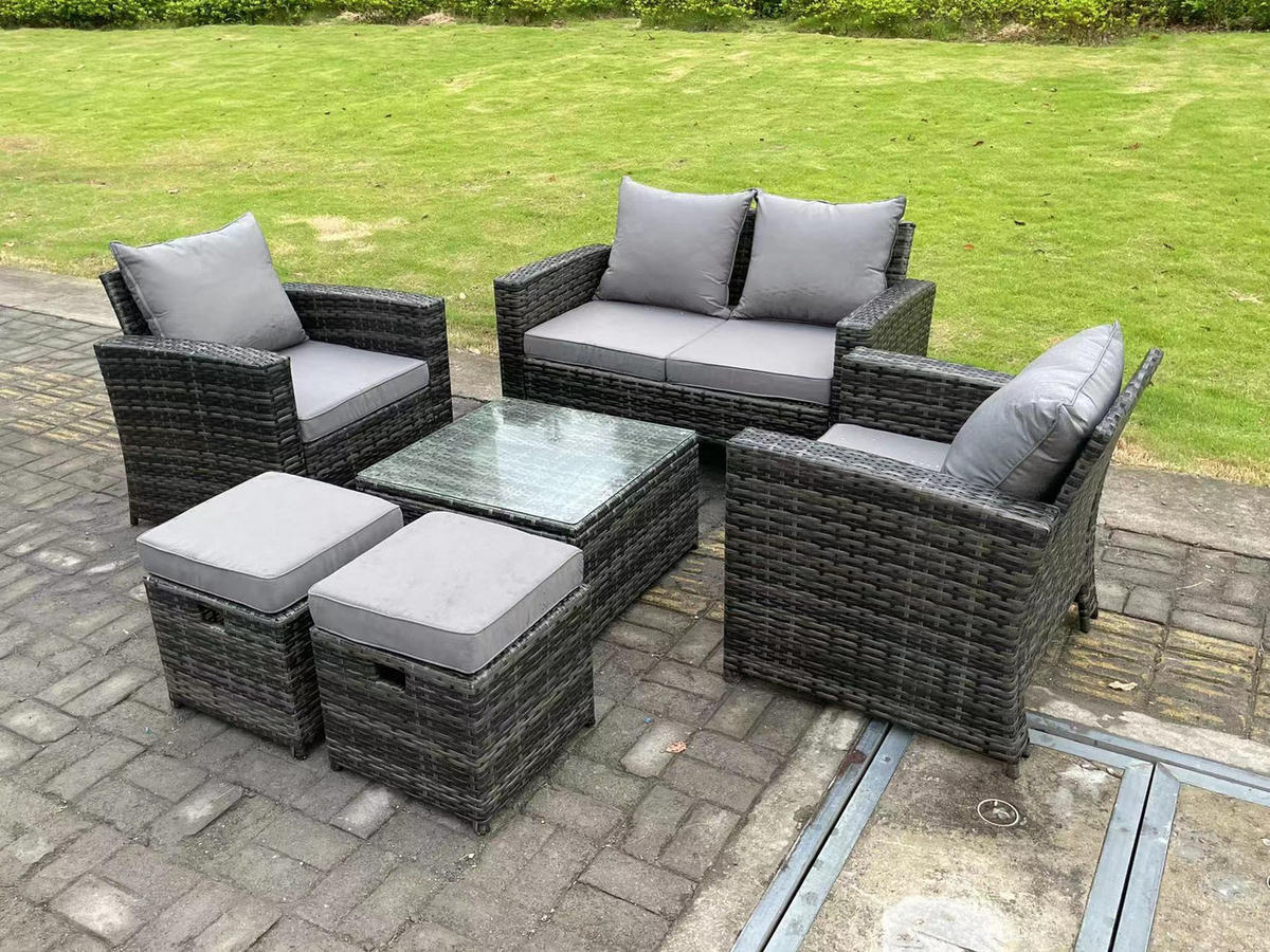 GARTENSOFA SET mit Couchtisch Polyrattan Dunkelgrau 6-Sitzer - Dunkelgrau, Metall - Fimous