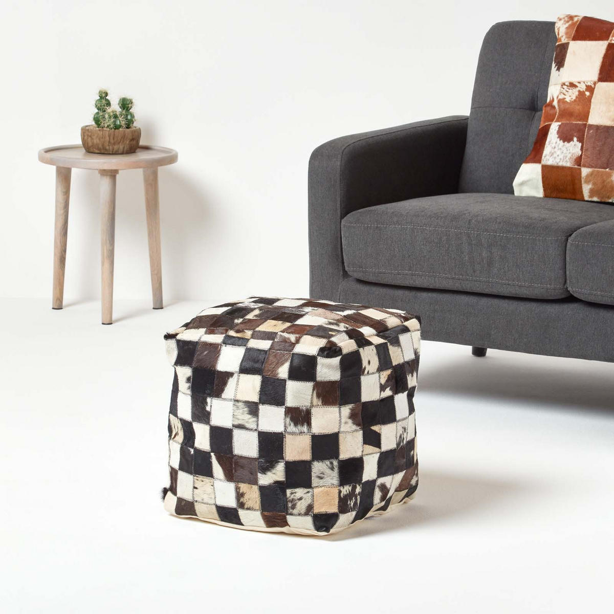 PATCHWORK-HOCKER Fell kariert, 35/35/35 cm - Braun, Leder (35/35/35cm) - Homescapes