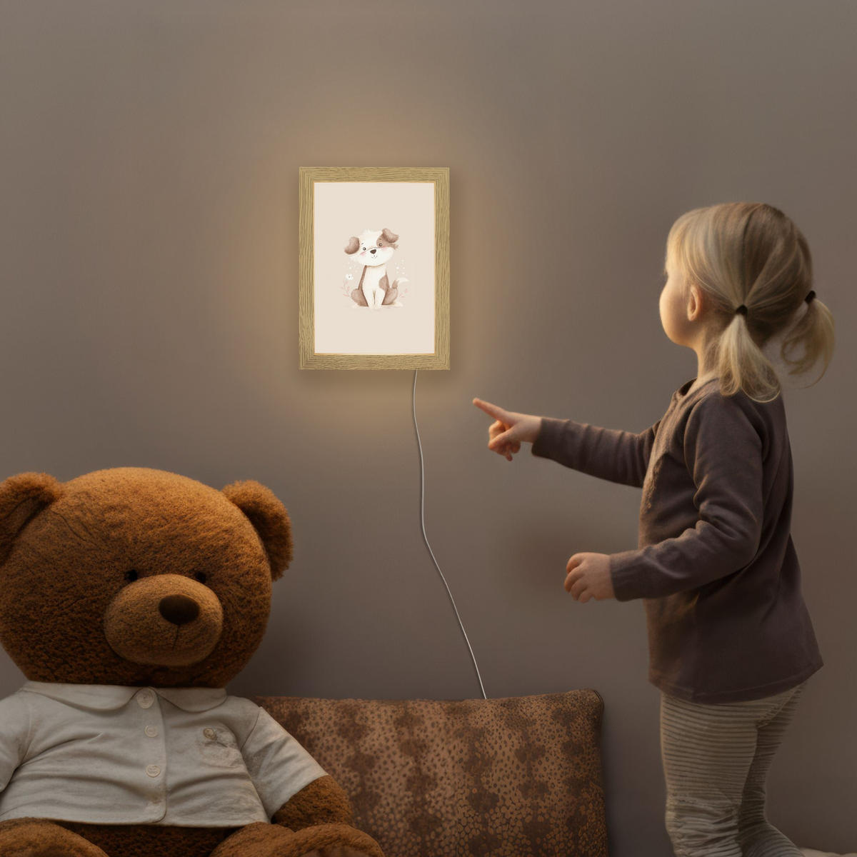 NACHTTISCHLAMPE Hund - Gefleckt - Braun 15x20 cm - Beige, Holzwerkstoff (8/15/20cm)